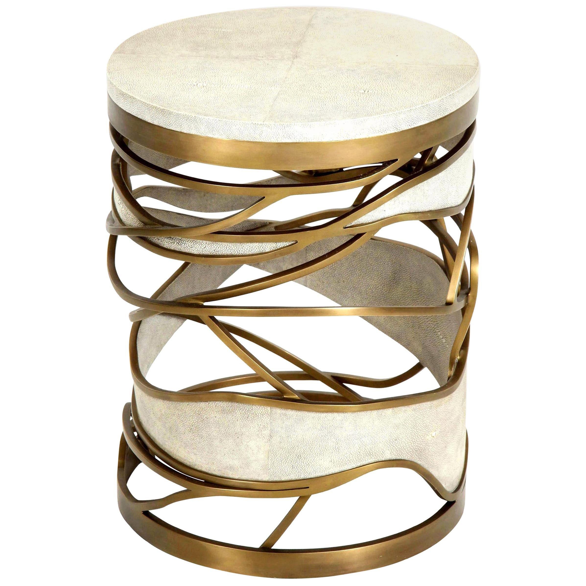 Shagreen Stool or Side Table with Brass Details, Contemporary, Cream Shagreen