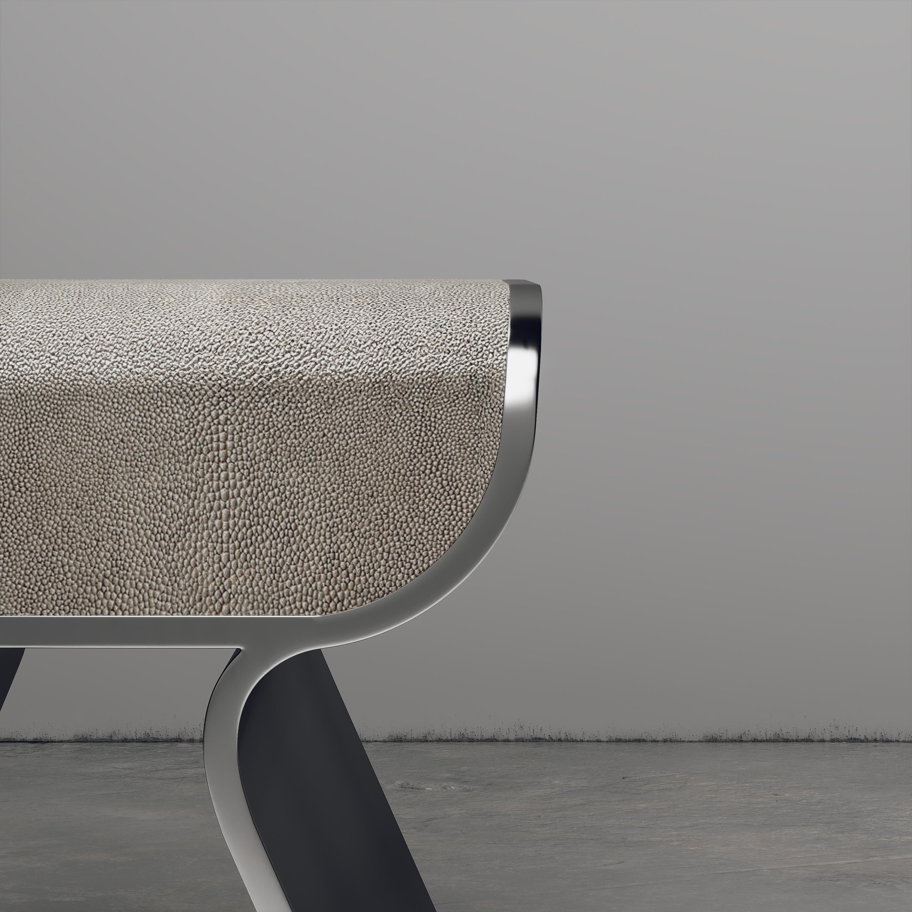 Hand-Crafted Shagreen Stool with Polished Steel Accents by Kifu Paris For Sale