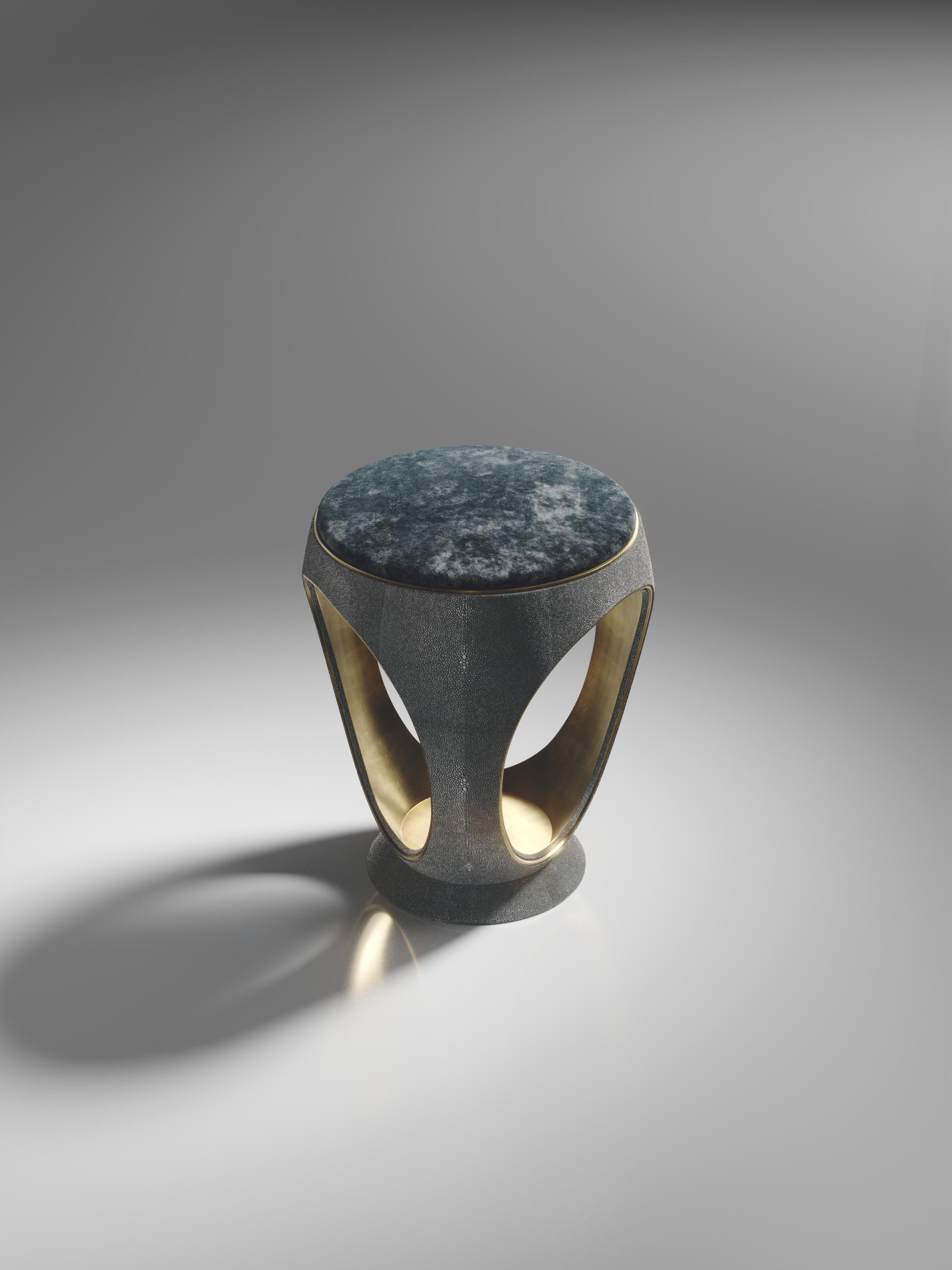 Shagreen Stool with Velvet Upholstery and Bronze-Patina Brass by R&Y Augousti For Sale 3