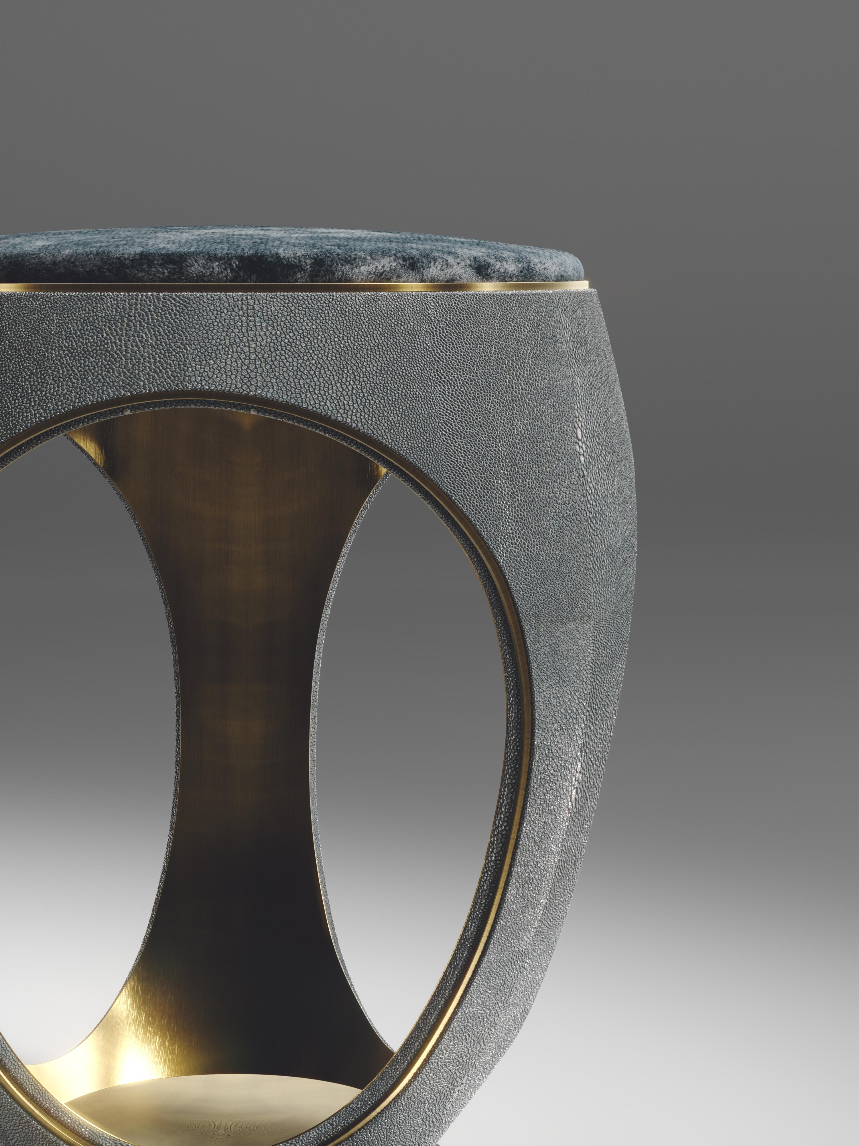 Shagreen Stool with Velvet Upholstery and Bronze-Patina Brass by R&Y Augousti For Sale 4