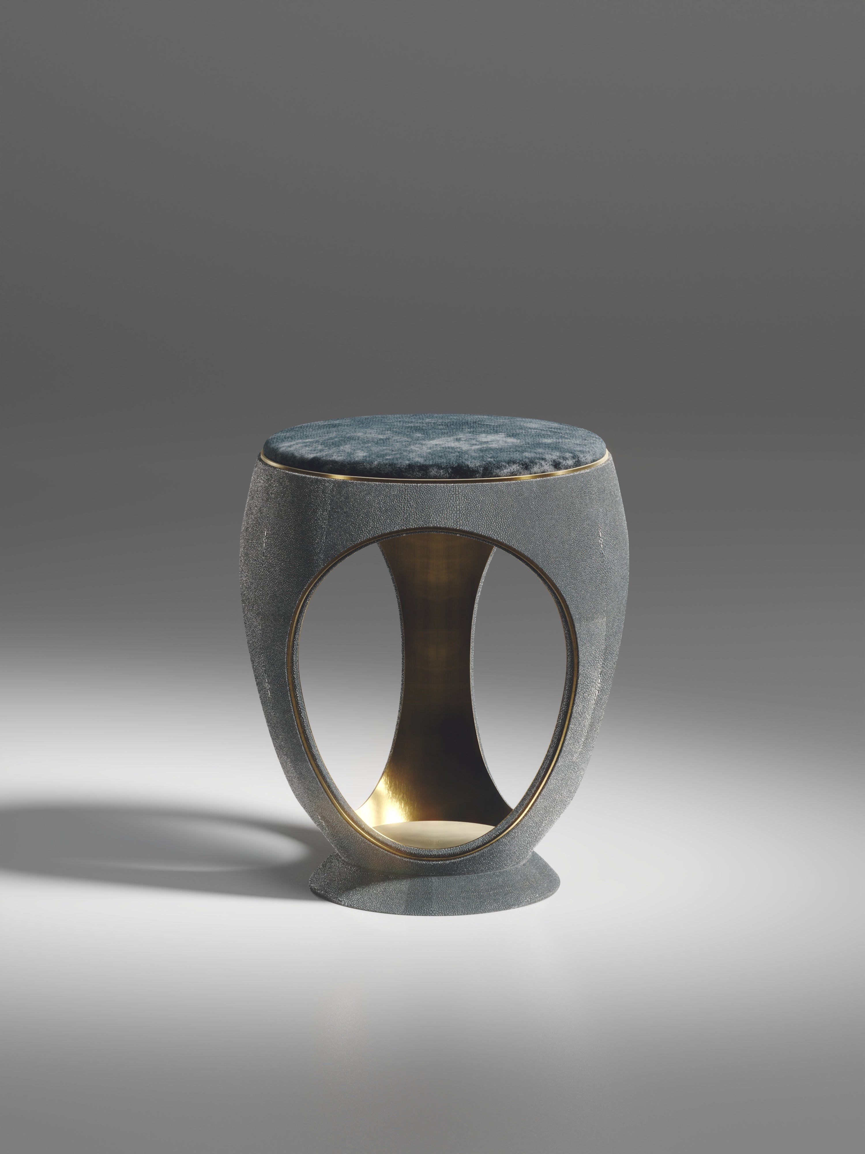 Shagreen Stool with Velvet Upholstery and Bronze-Patina Brass by R&Y Augousti In New Condition For Sale In New York, NY