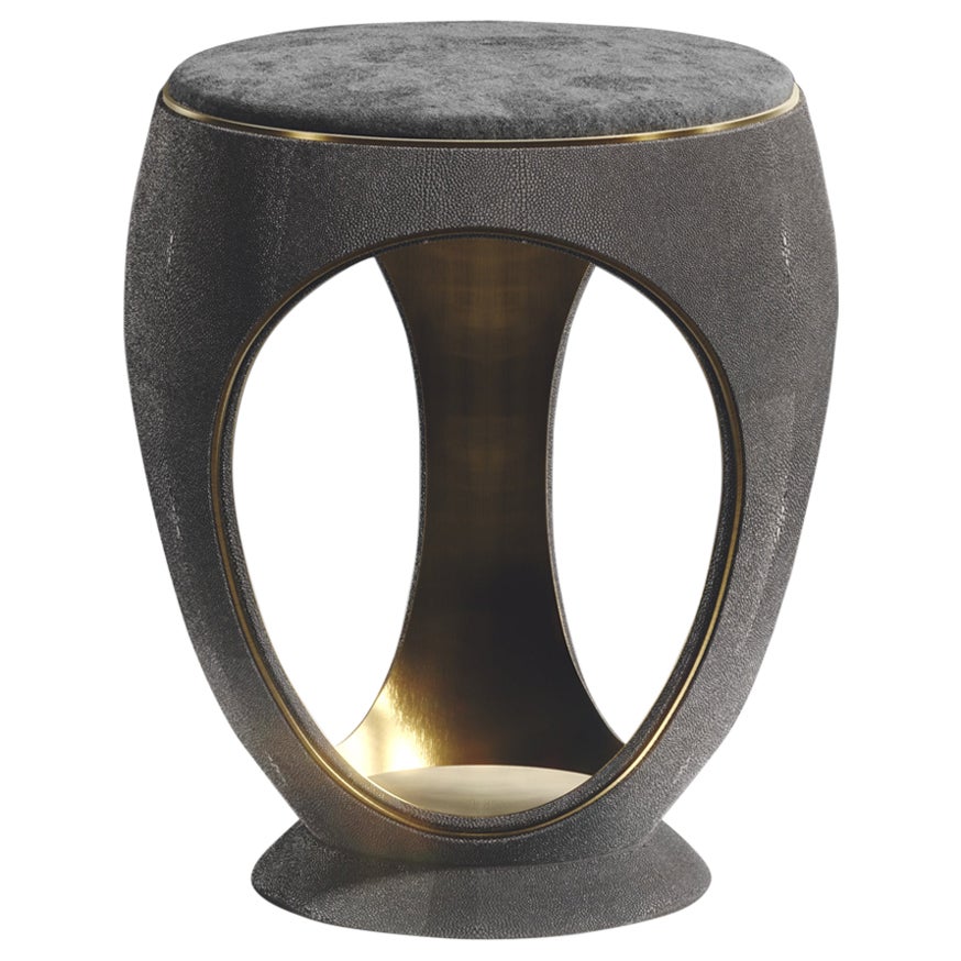 Shagreen Stool with Velvet Upholstery and Bronze-Patina Brass by R&Y Augousti For Sale