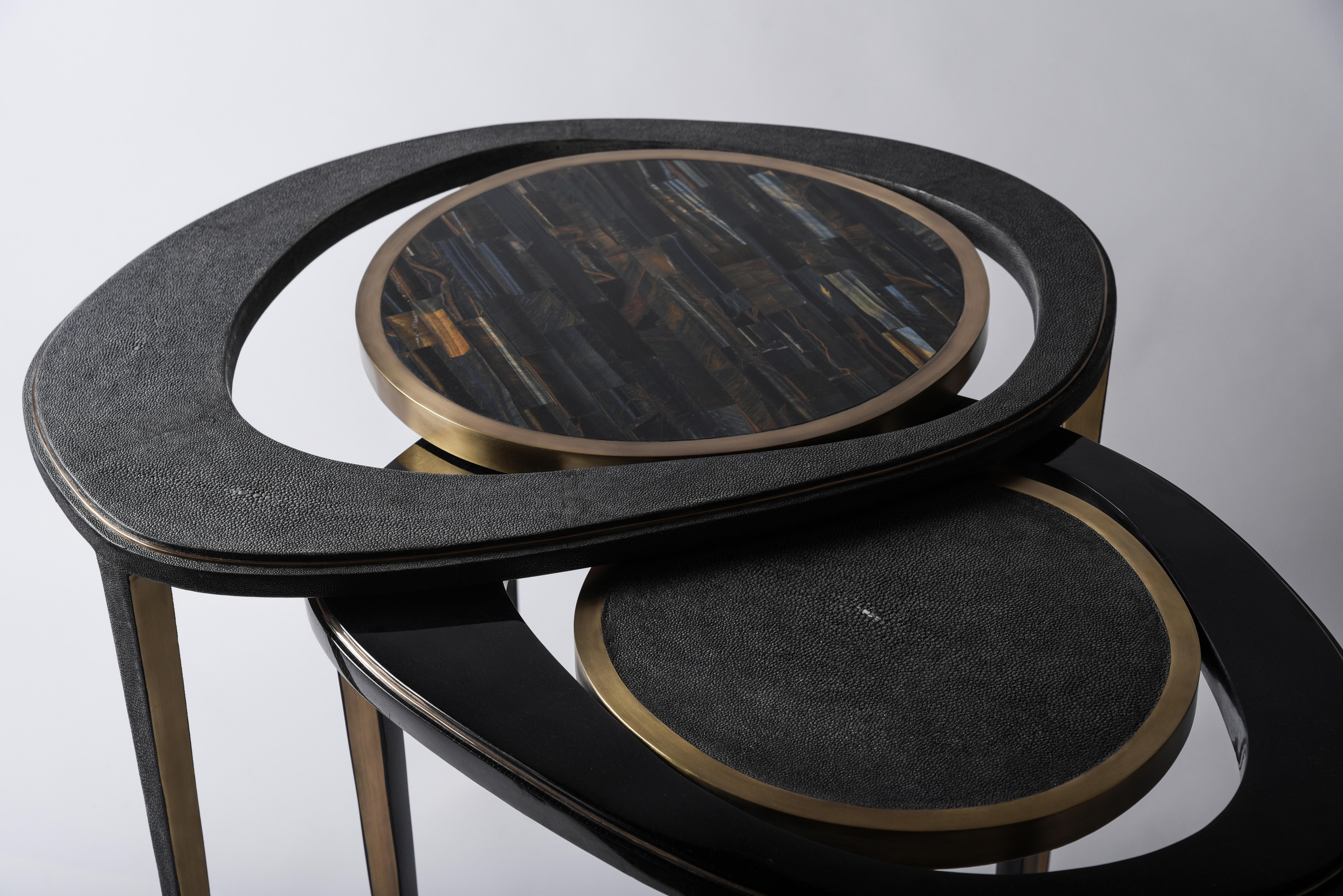 Contemporary Shagreen Table with Patagonia Stone and Brass by R&Y Augousti For Sale