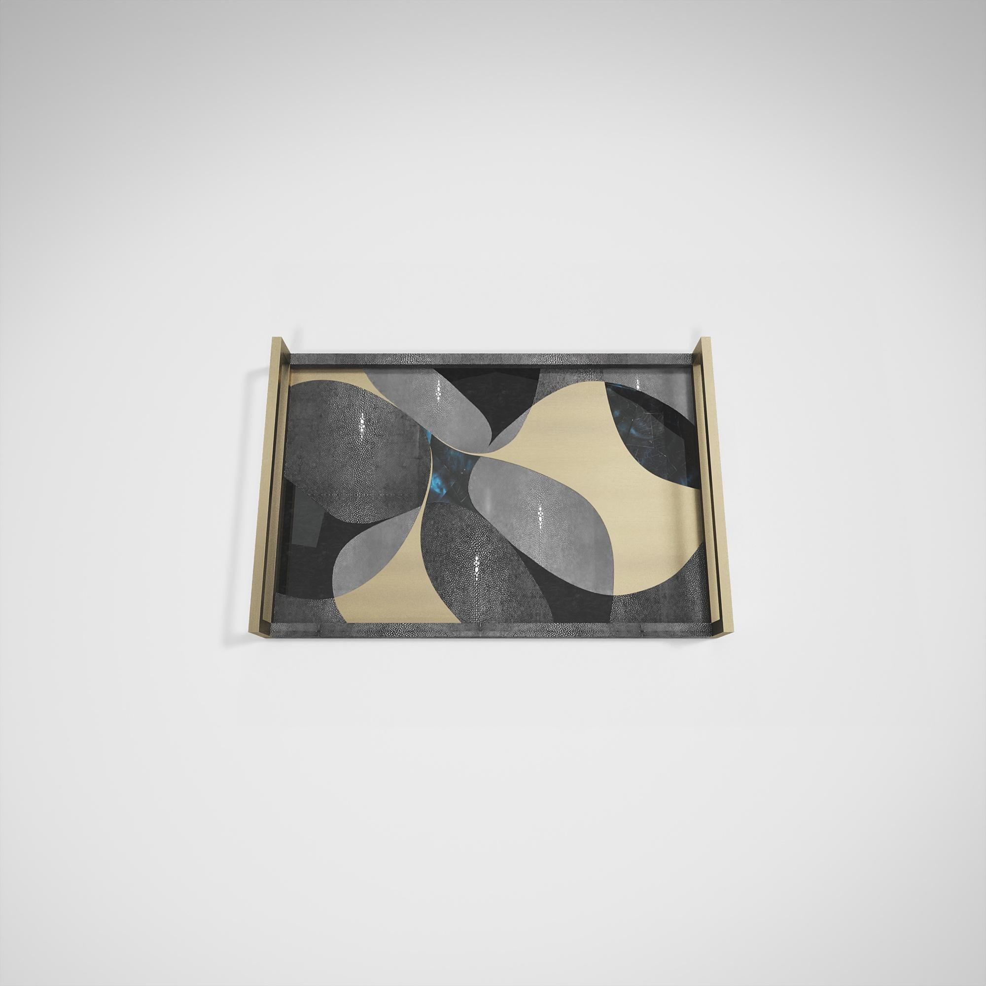 Contemporary Shagreen Tray with Blue Pen Shell and Brass Inserts by R&Y Augousti For Sale