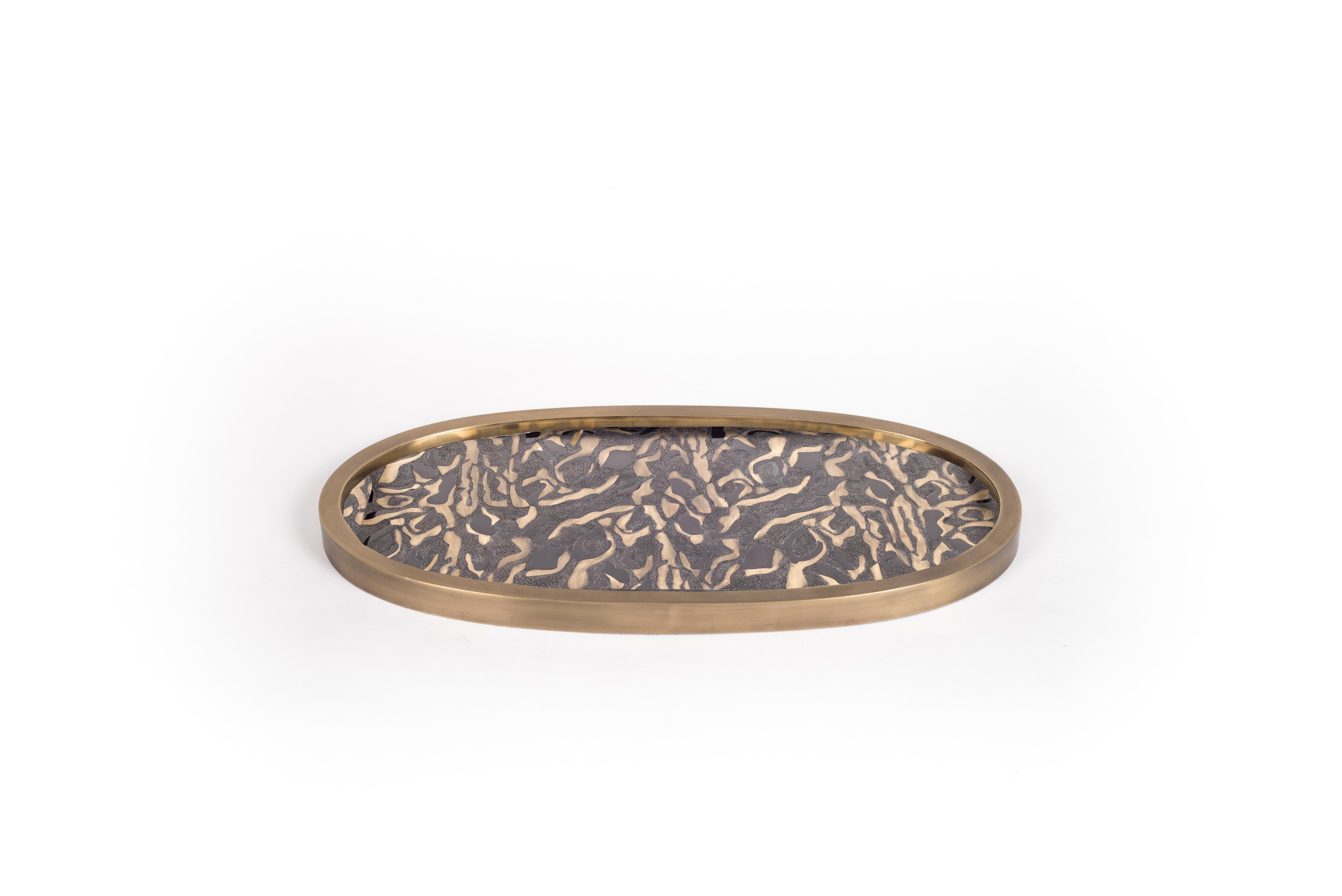 Art Deco Shagreen Tray with Mix Inlay Pattern Including Shell and Brass by Kifu, Paris