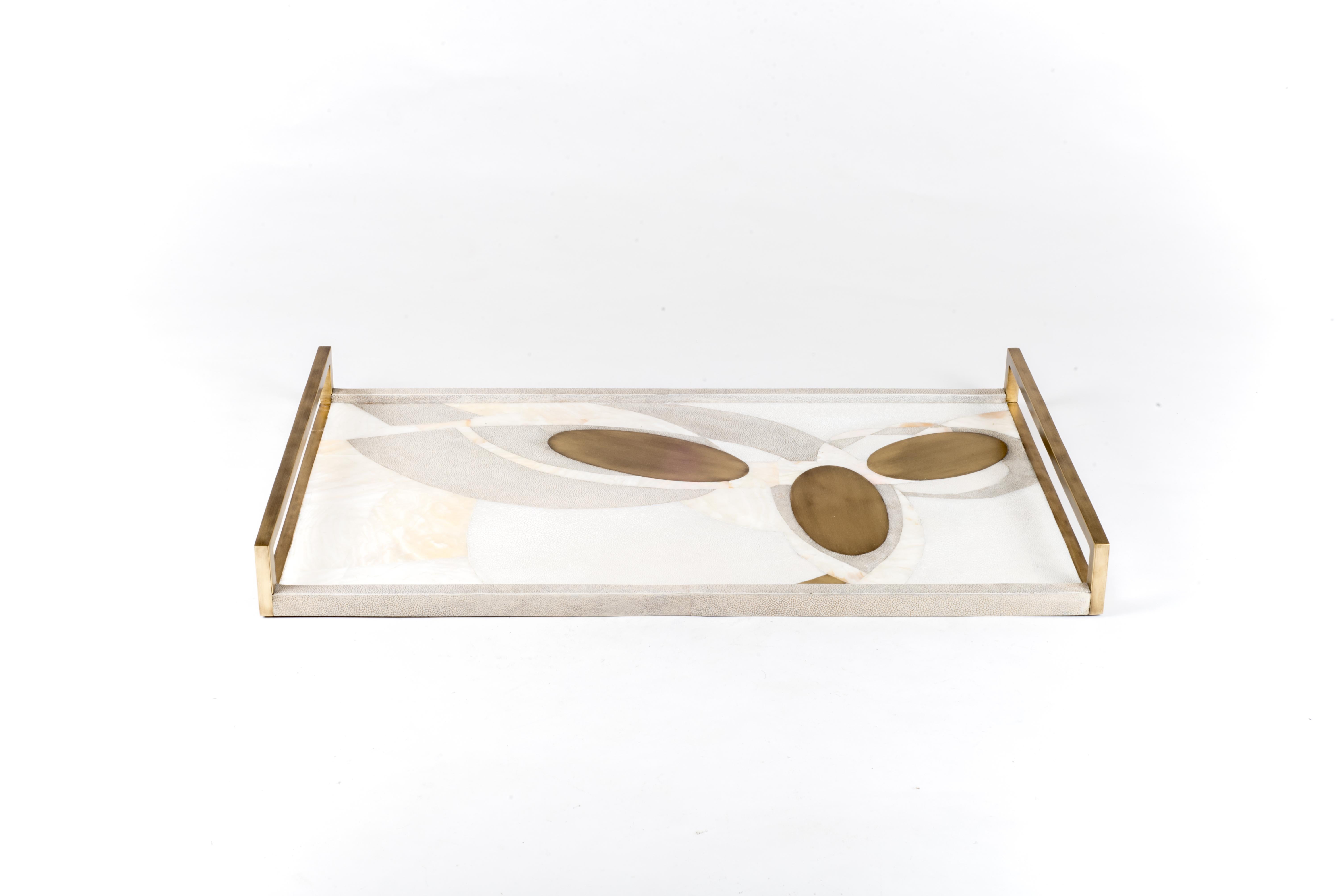 Contemporary Shagreen Tray with Shell and Brass Inserts by R&Y Augousti For Sale
