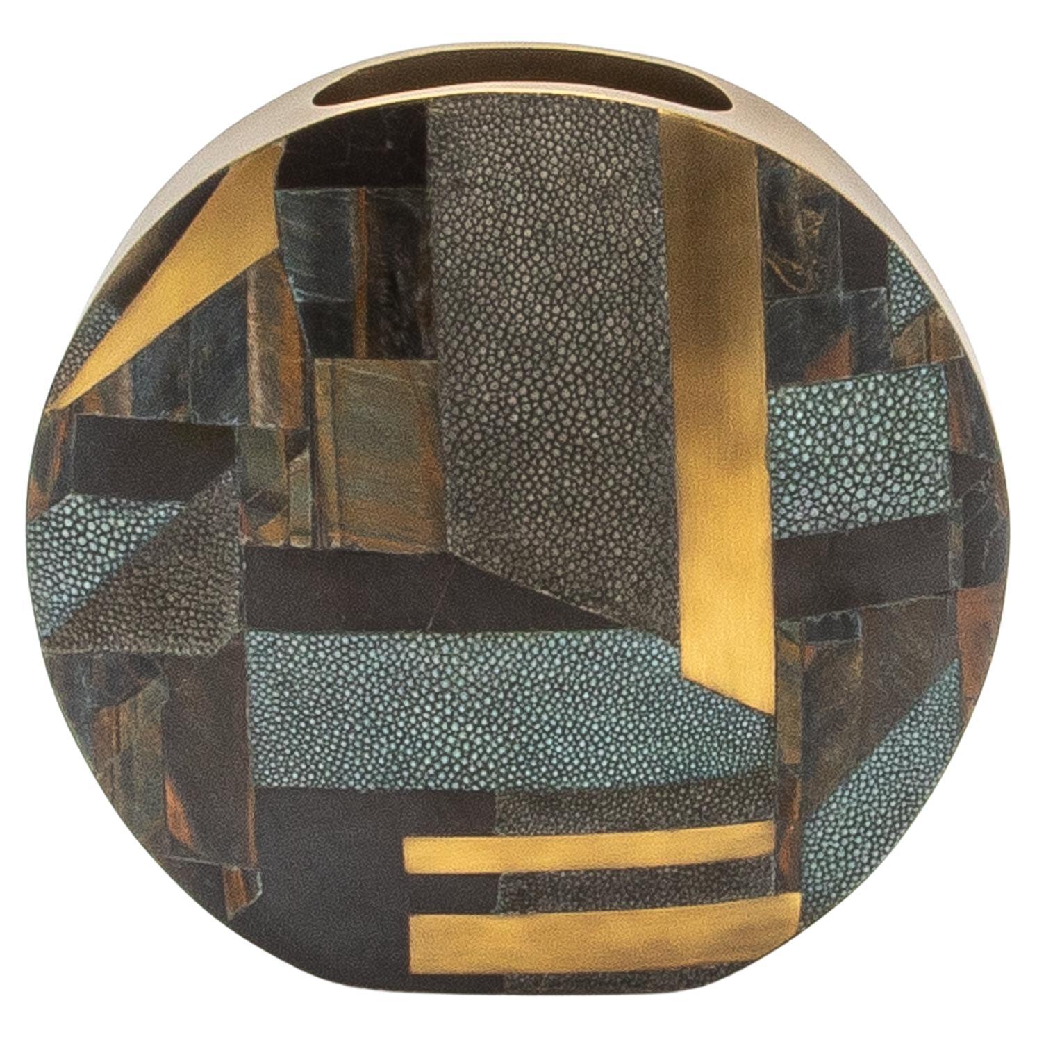 Shagreen Vase with Tiger Eye, Shell and Brass Details by R&Y Augousti