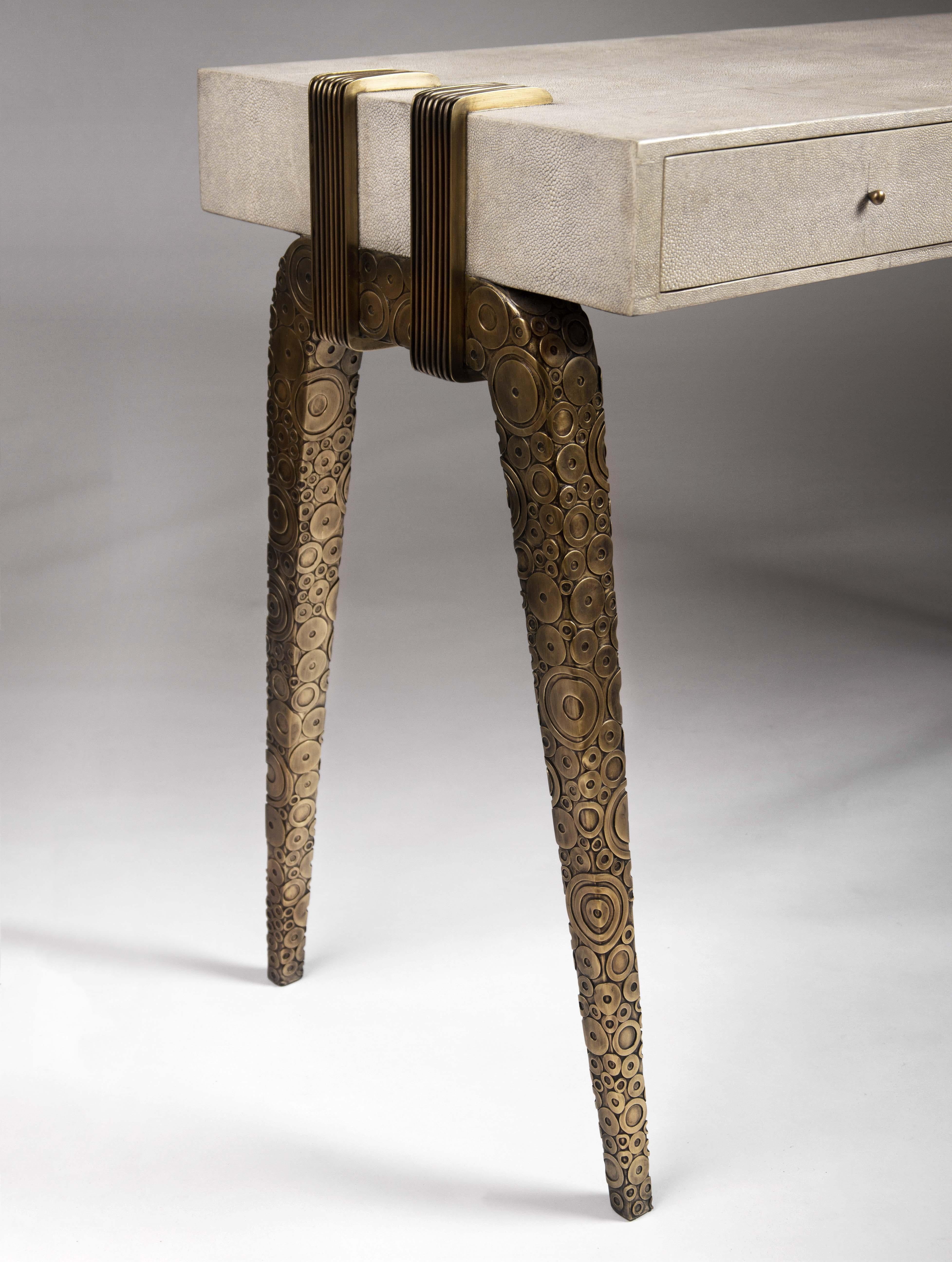 Art Deco Shagreen Writing Desk with Bright Brass Inlaid Legs by R&Y Augousti