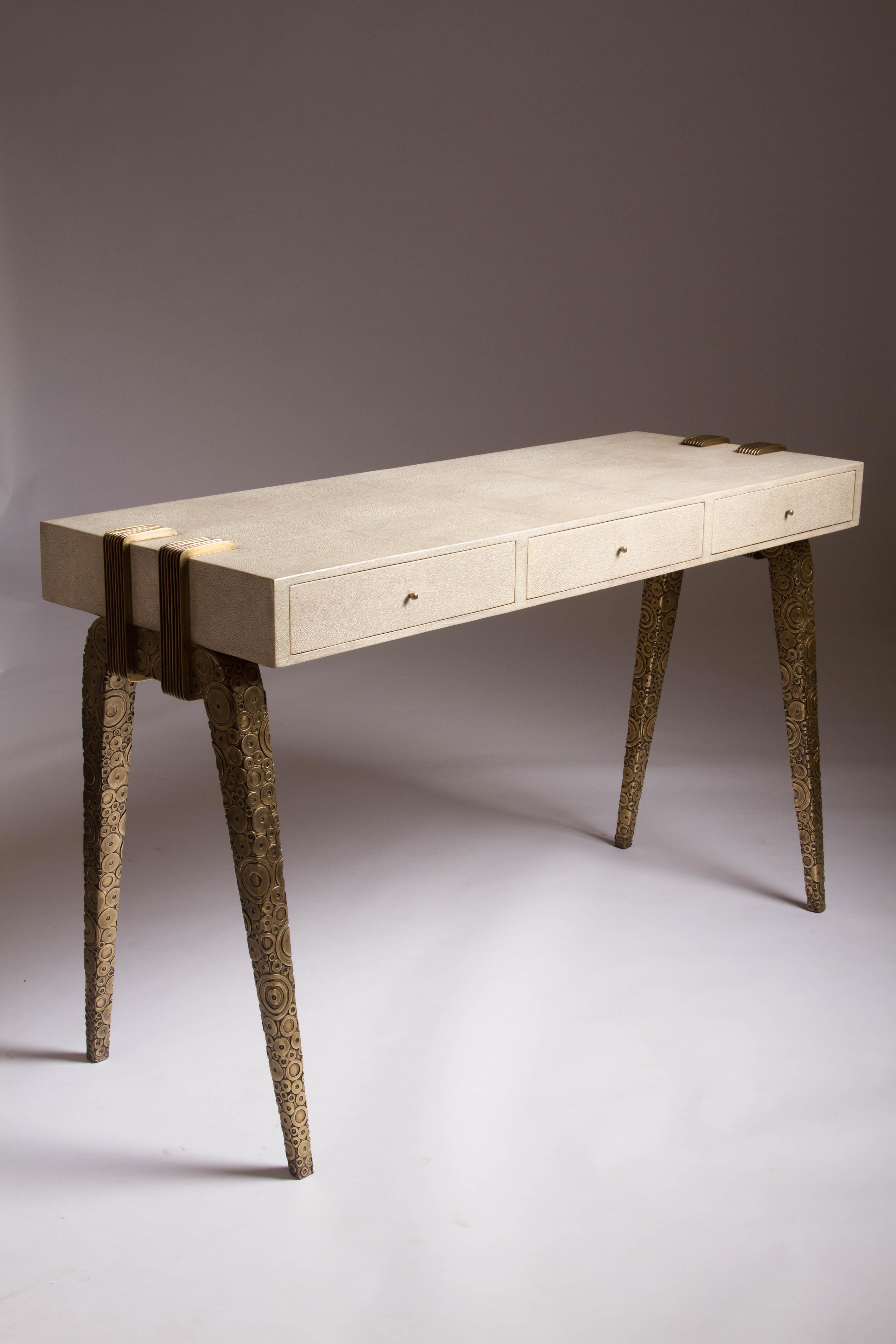 Shagreen Writing Desk with Bright Brass Inlaid Legs by R&Y Augousti In New Condition In New York, NY