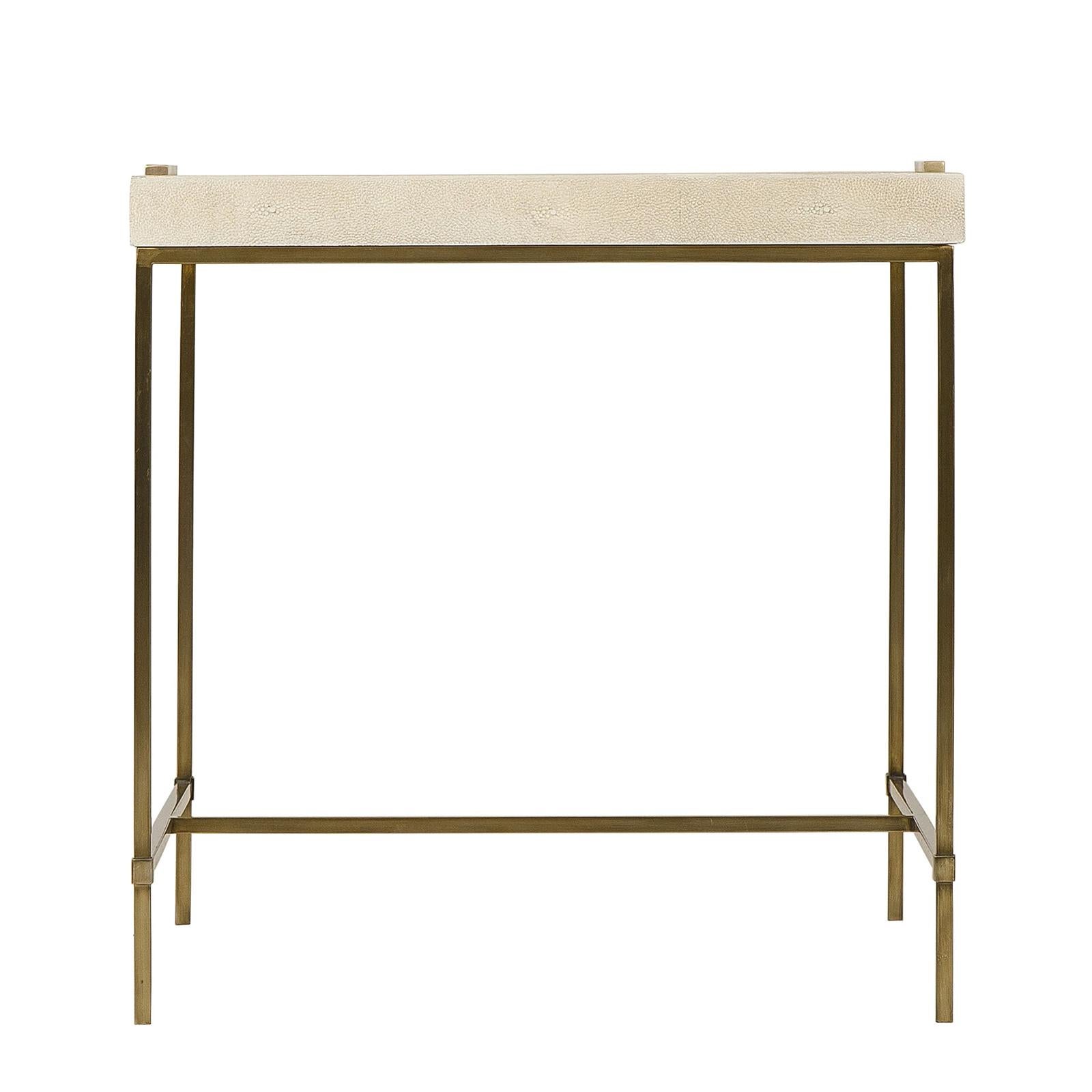 Side table Shagry cream with base in stainless steel
 in brass finish. With top in poplar wood covered with 
cream shagreen.