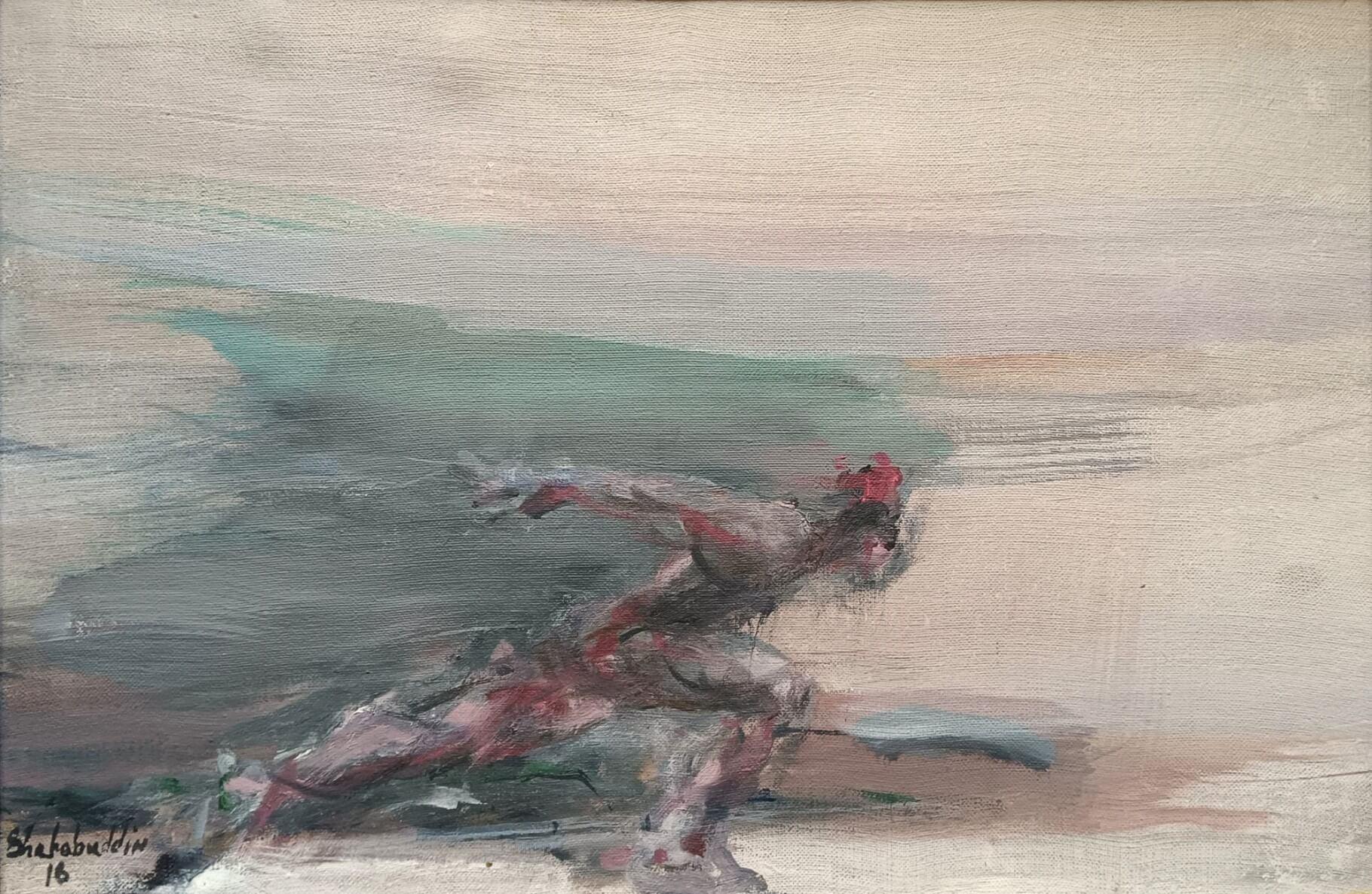 Shahabuddin Ahmed - Untitled
Acrylic on Canvas
15.6 x 23.6 inches, 2016
( Rolled & Delivered )

This painting by Shahabuddin Ahmed, created in 2016, is a powerful example of his signature style that blends abstraction with dynamic figuration.