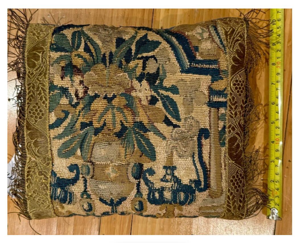 Stupendo cuscino ad arazzo Verdure del XVII secolo con fogliame che rallegrerà qualsiasi divano, canapè o divano! Supporto in velluto marrone in ottime condizioni. Misura 10 x 11 pollici.

Spedizione gratuita negli Stati Uniti continentali!