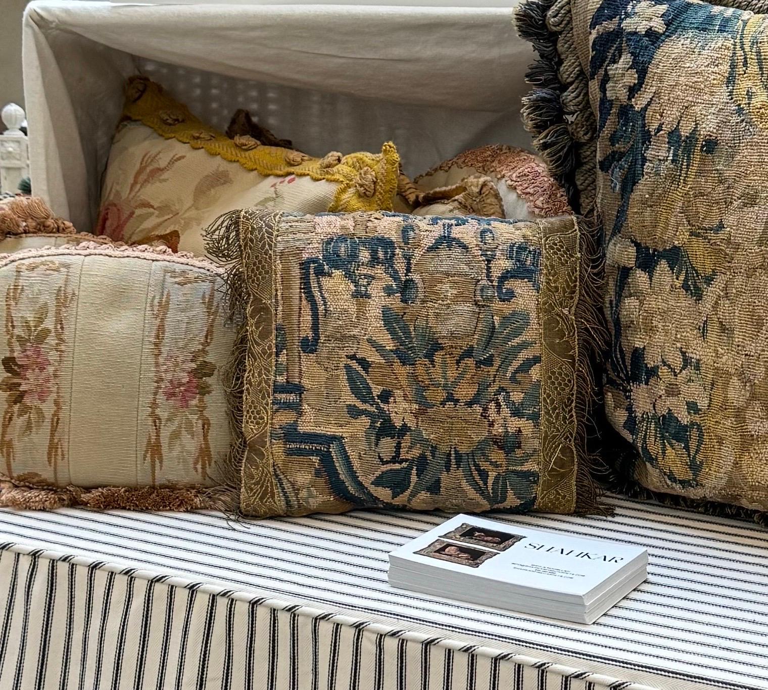 Hand-Woven SHAHKAR Antique 17th Century Flemish Verdure Tapestry Pillow with Foliage For Sale