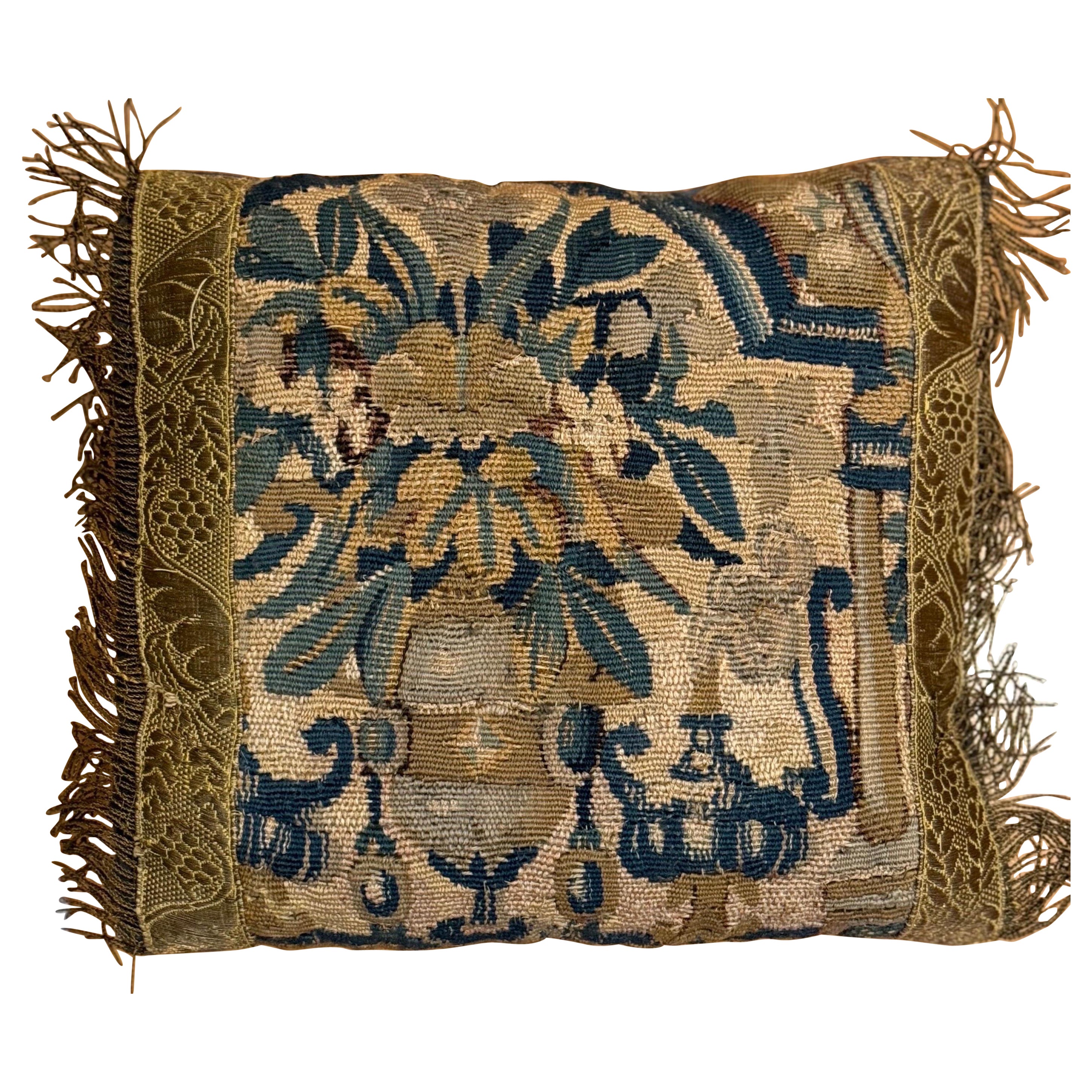 SHAHKAR Antique 17th Century Flemish Verdure Tapestry Pillow with Foliage For Sale