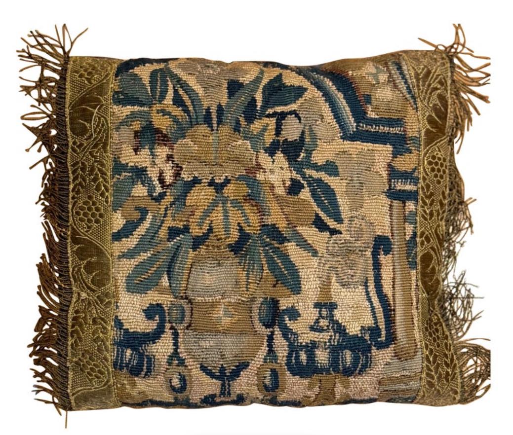 SHAHKAR Antique 17th Century Flemish Verdure Tapestry Pillow with Foliage