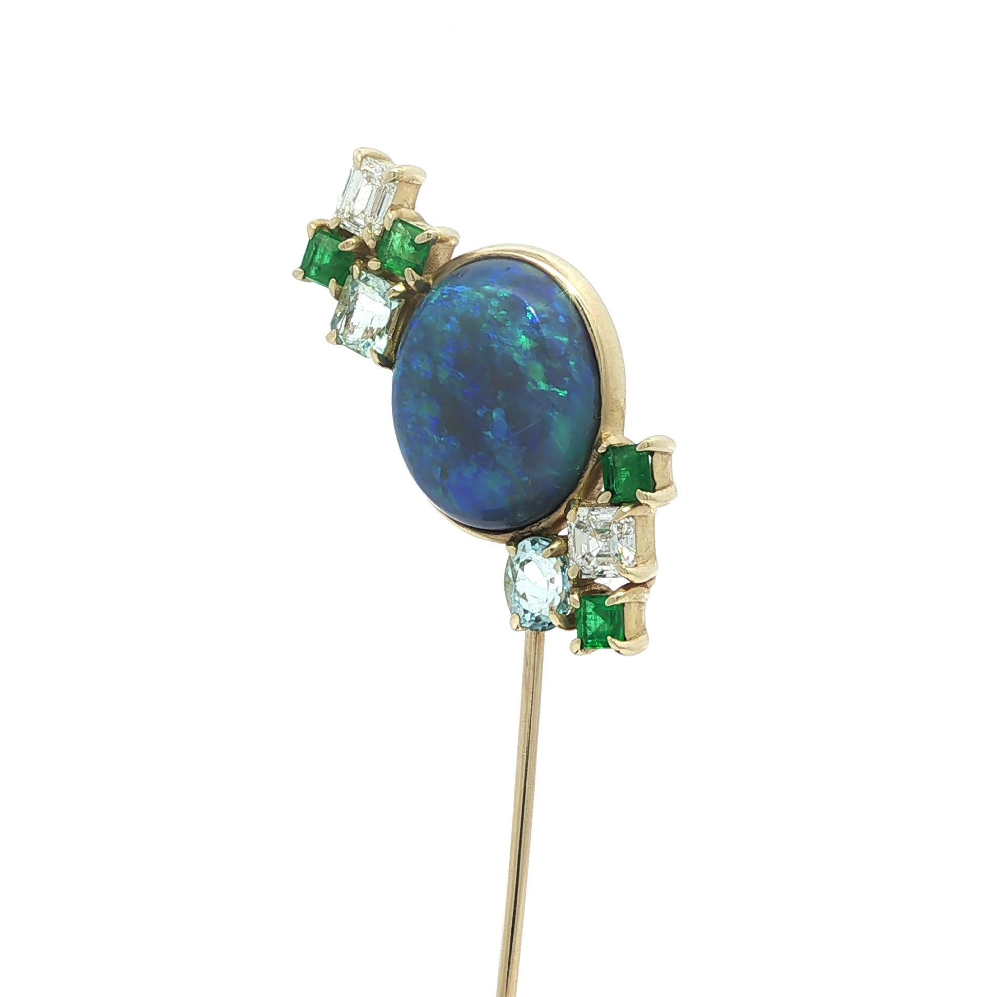 Cabochon Shahla 14k Yellow Gold Black Opal Emerald Aquamarine & Diamond Stick Pin For Sale
