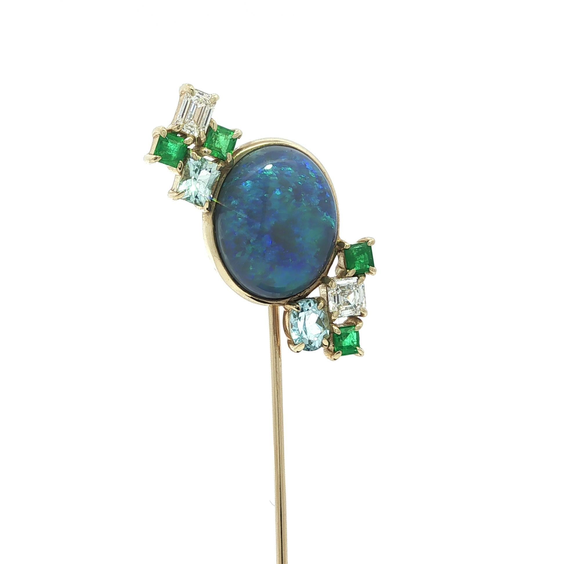 Shahla 14k Yellow Gold Black Opal Emerald Aquamarine & Diamond Stick Pin In Excellent Condition For Sale In Montclair, NJ