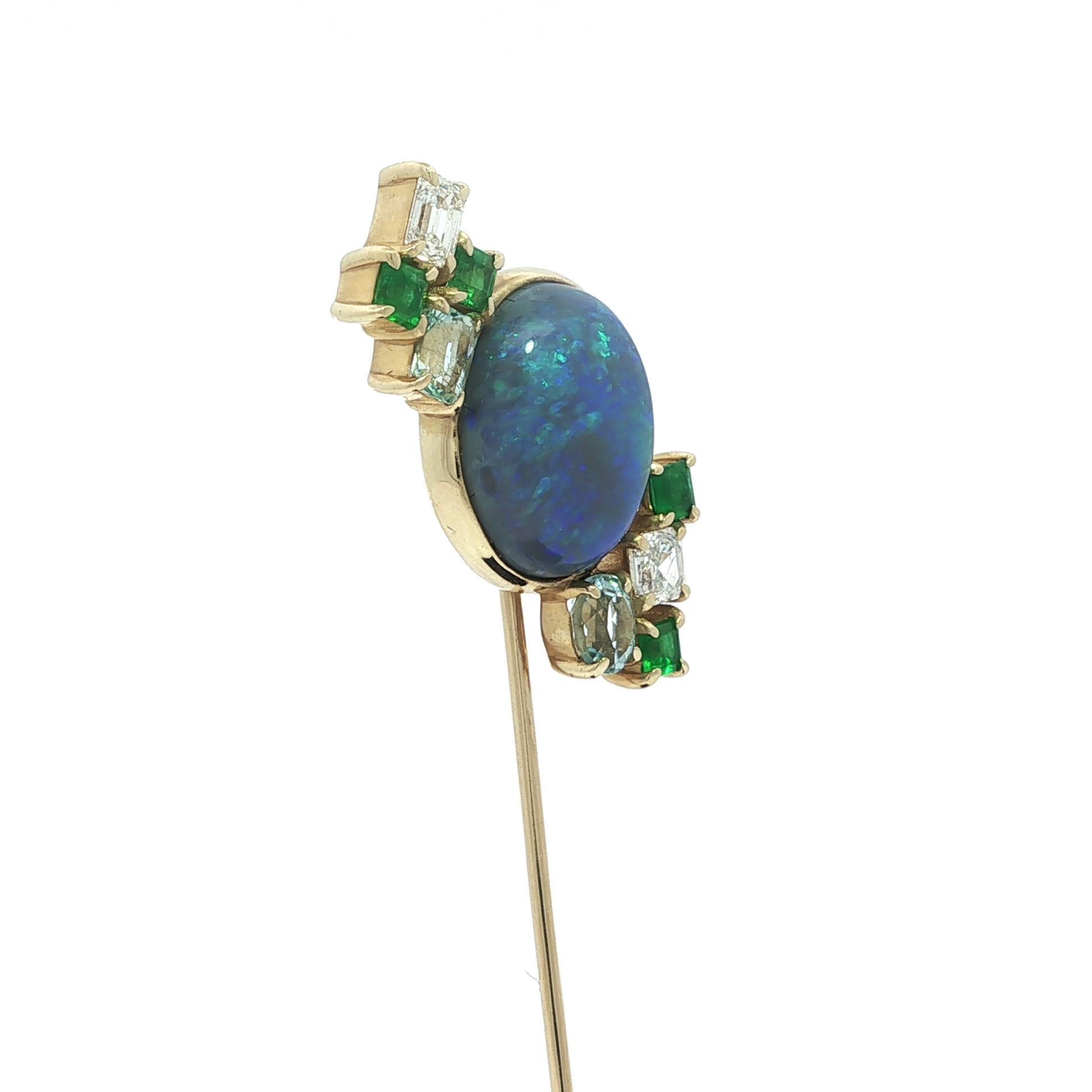 Women's or Men's Shahla 14k Yellow Gold Black Opal Emerald Aquamarine & Diamond Stick Pin For Sale