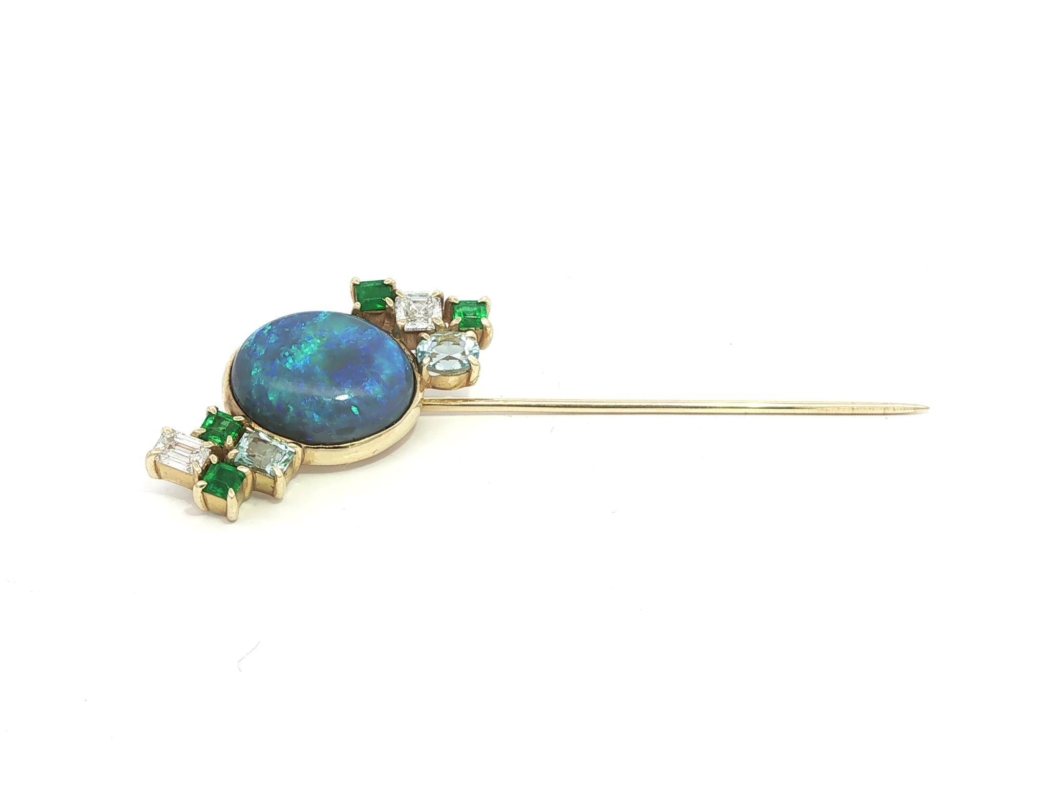 Shahla 14k Yellow Gold Black Opal Emerald Aquamarine & Diamond Stick Pin For Sale 1