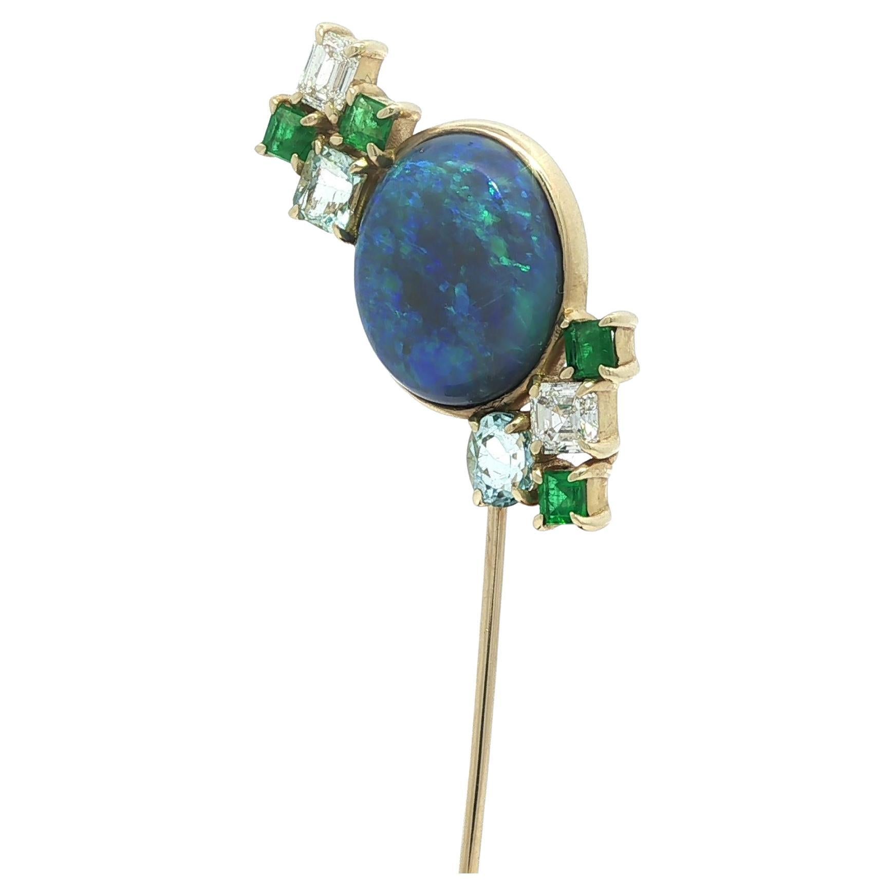 Shahla 14k Yellow Gold Black Opal Emerald Aquamarine 
Diamond Stick Pin For Sale