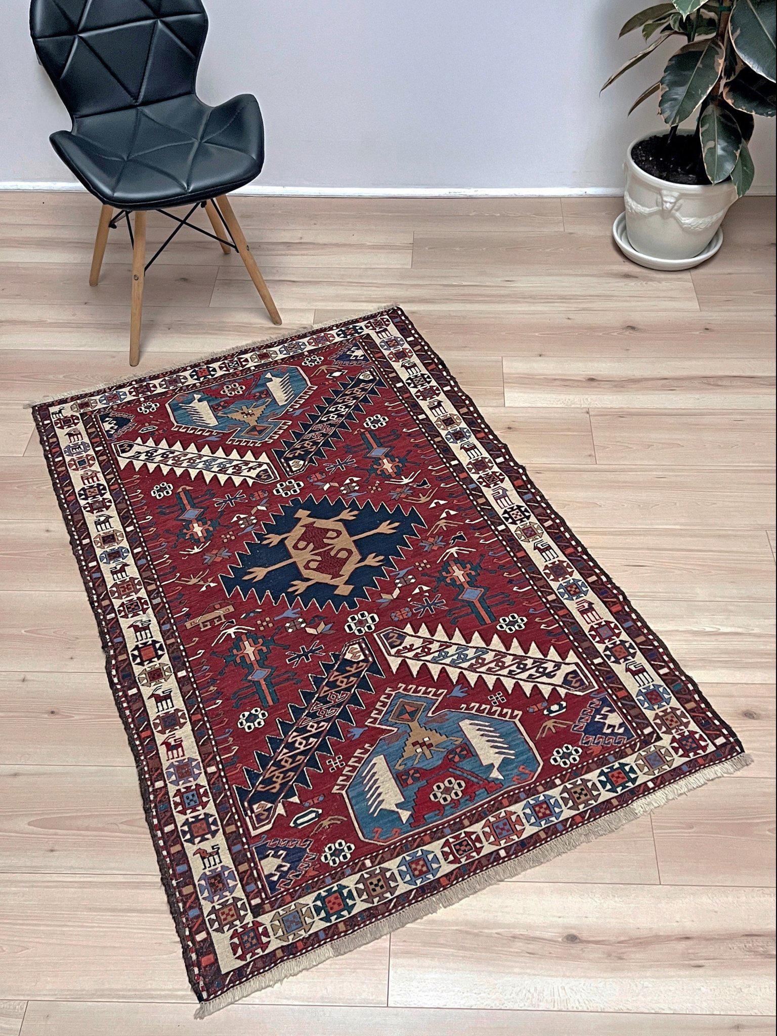 Shahsavan Soumak - Alfombra Persa Vintage de Tejido Plano / Arte de Pared (3'x5') - 1960s Bordado en venta