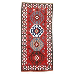 Kilim di Shahsevan in lana e cotone, tappeto tribale rosso, blu e marrone del Transcaucaso, 1880 circa