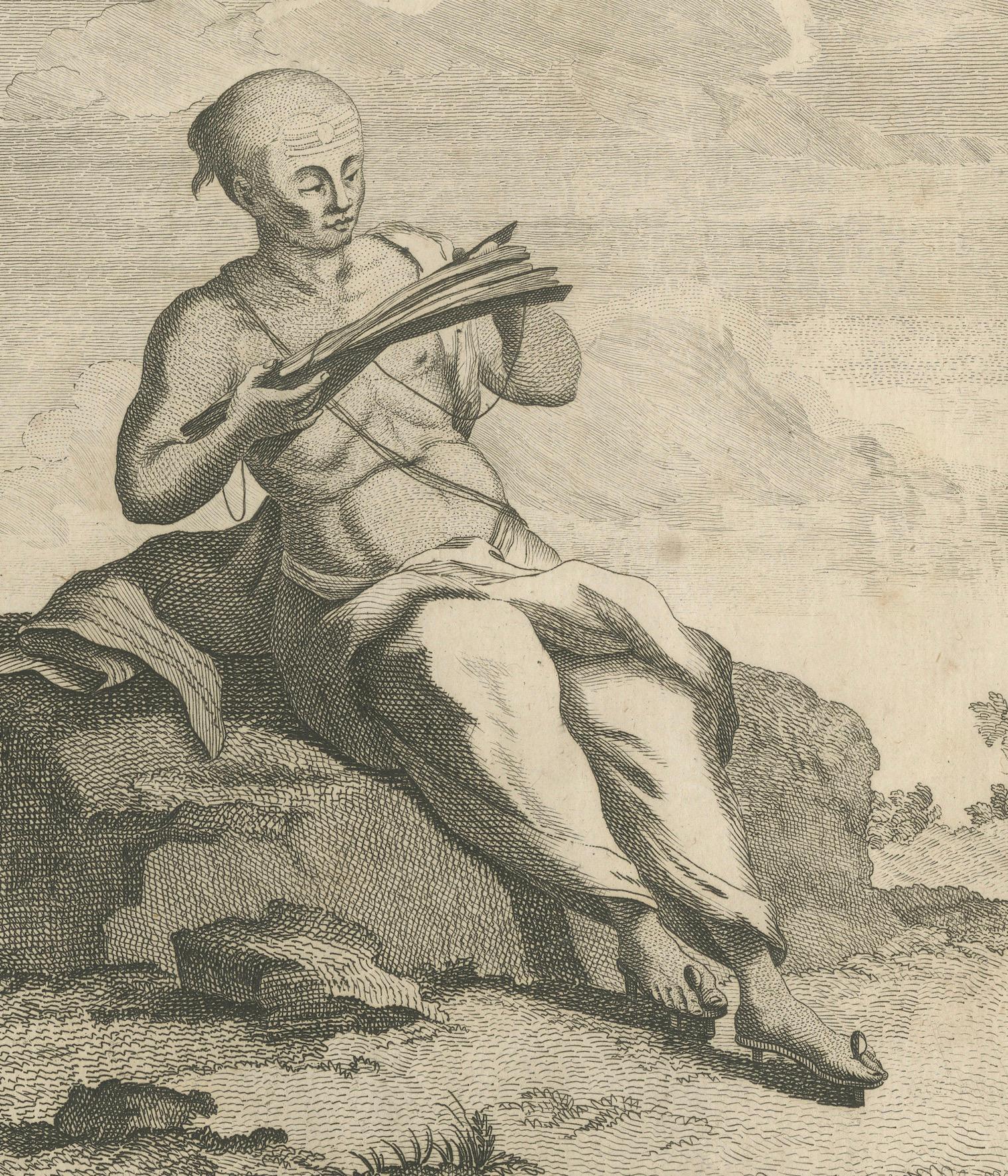 Shaivite Brahmin Reading Scriptures – Sonnerat Engraving, India, Paris 1806

This engraving titled Brame de la Secte de Chiven (Brahmin of the Sect of Shiva) is plate number 11 from Pierre Sonnerat’s *Collection de Planches pour servir au Voyage aux