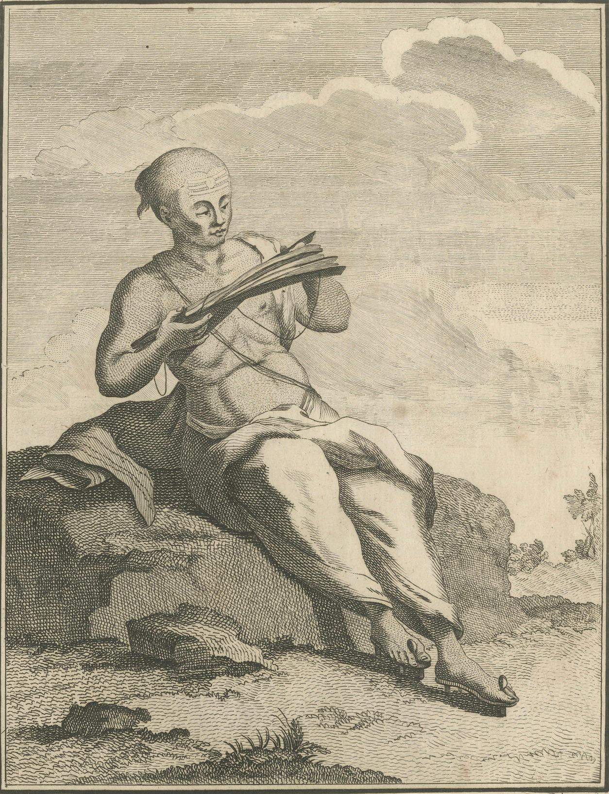 Early 19th Century Shaivite Brahmin Reading Scriptures – Sonnerat Engraving, India, Paris 1806 For Sale