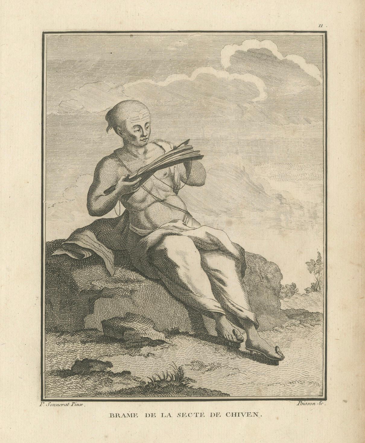 Paper Shaivite Brahmin Reading Scriptures – Sonnerat Engraving, India, Paris 1806 For Sale