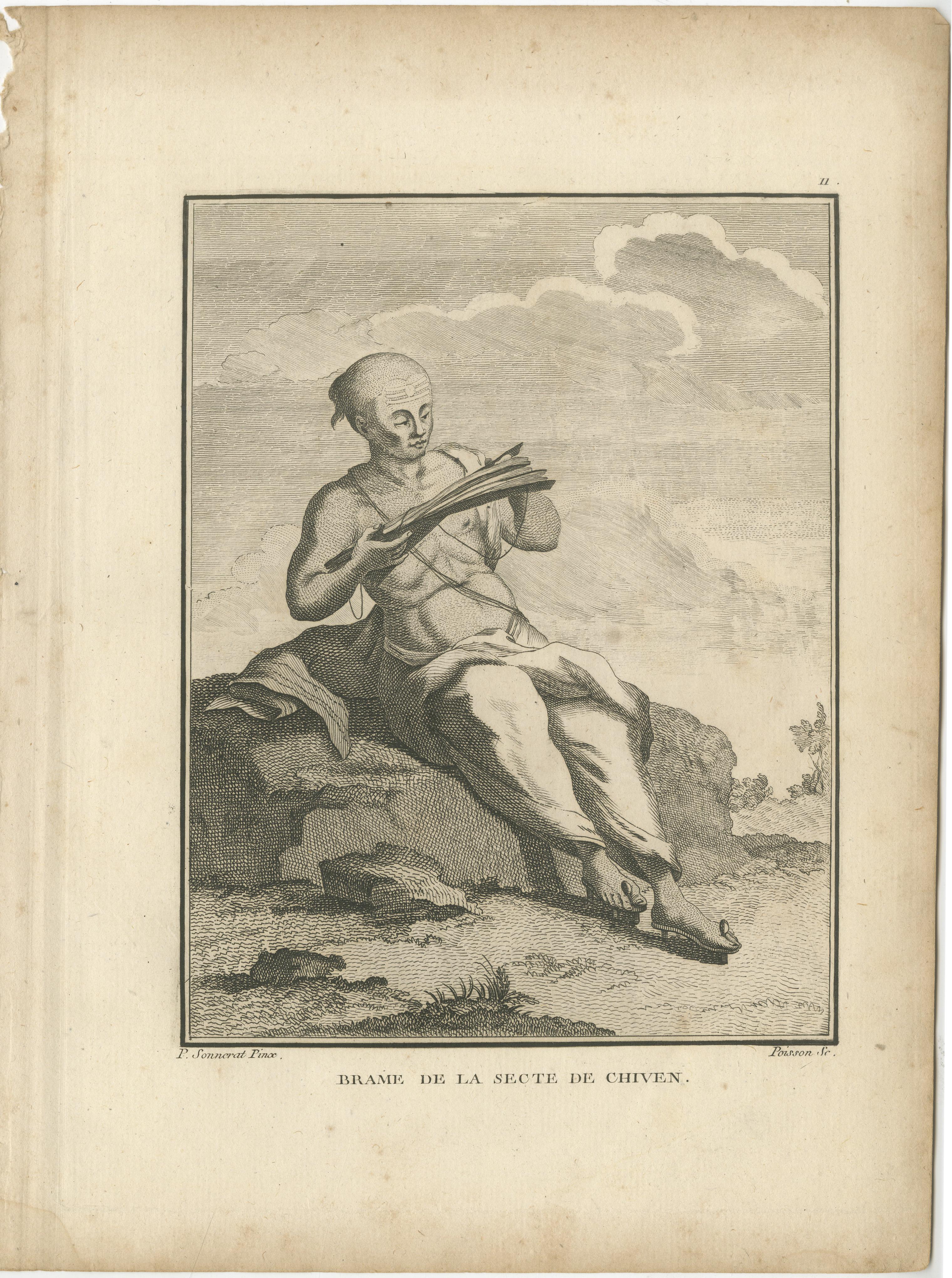 Shaivite Brahmin Reading Scriptures – Sonnerat Engraving, India, Paris 1806 For Sale 1