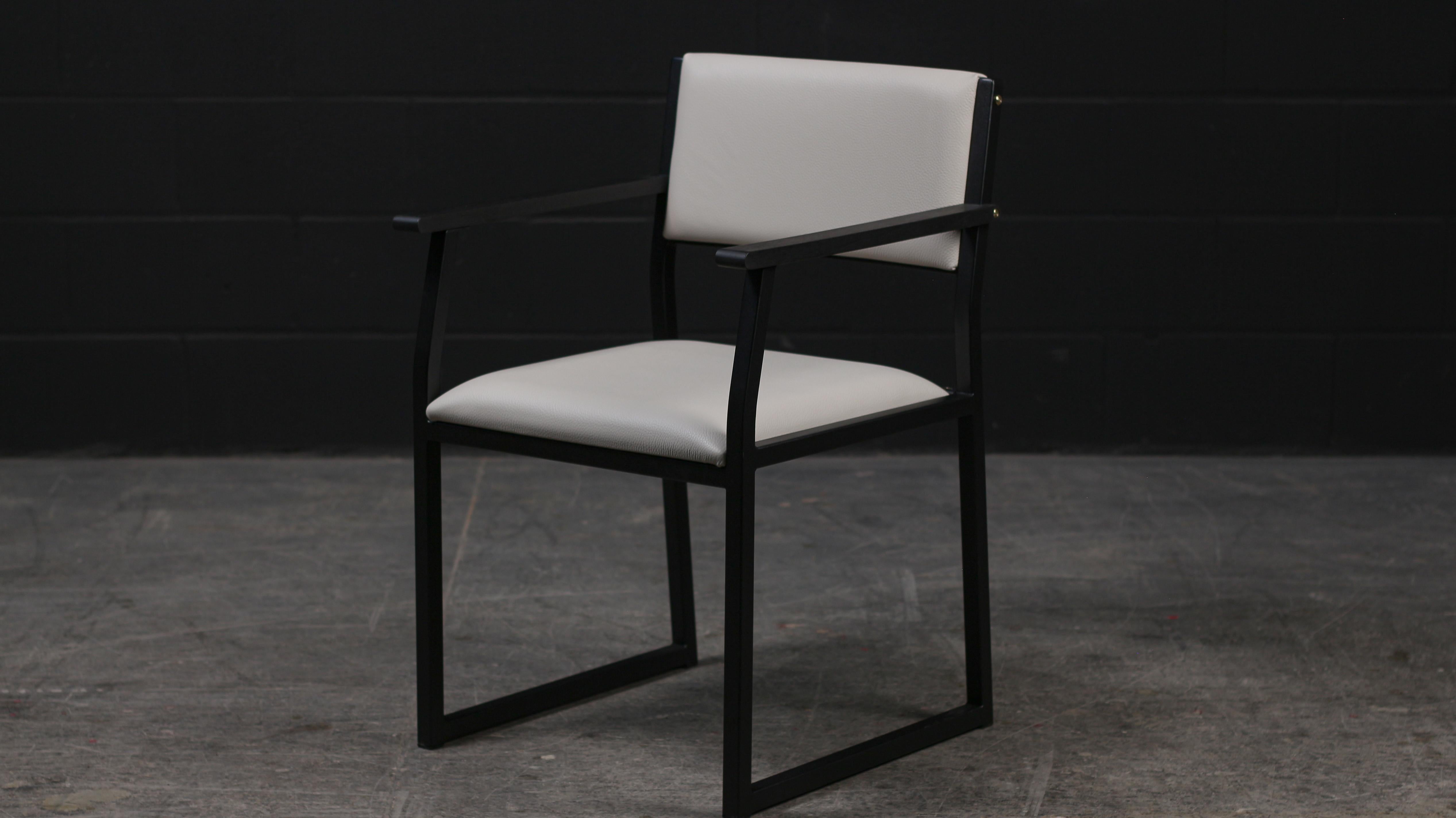 Modern Shaker Armchair, by AMBROZIA, Ebonized Walnut, Black Steel, Greige Leather For Sale