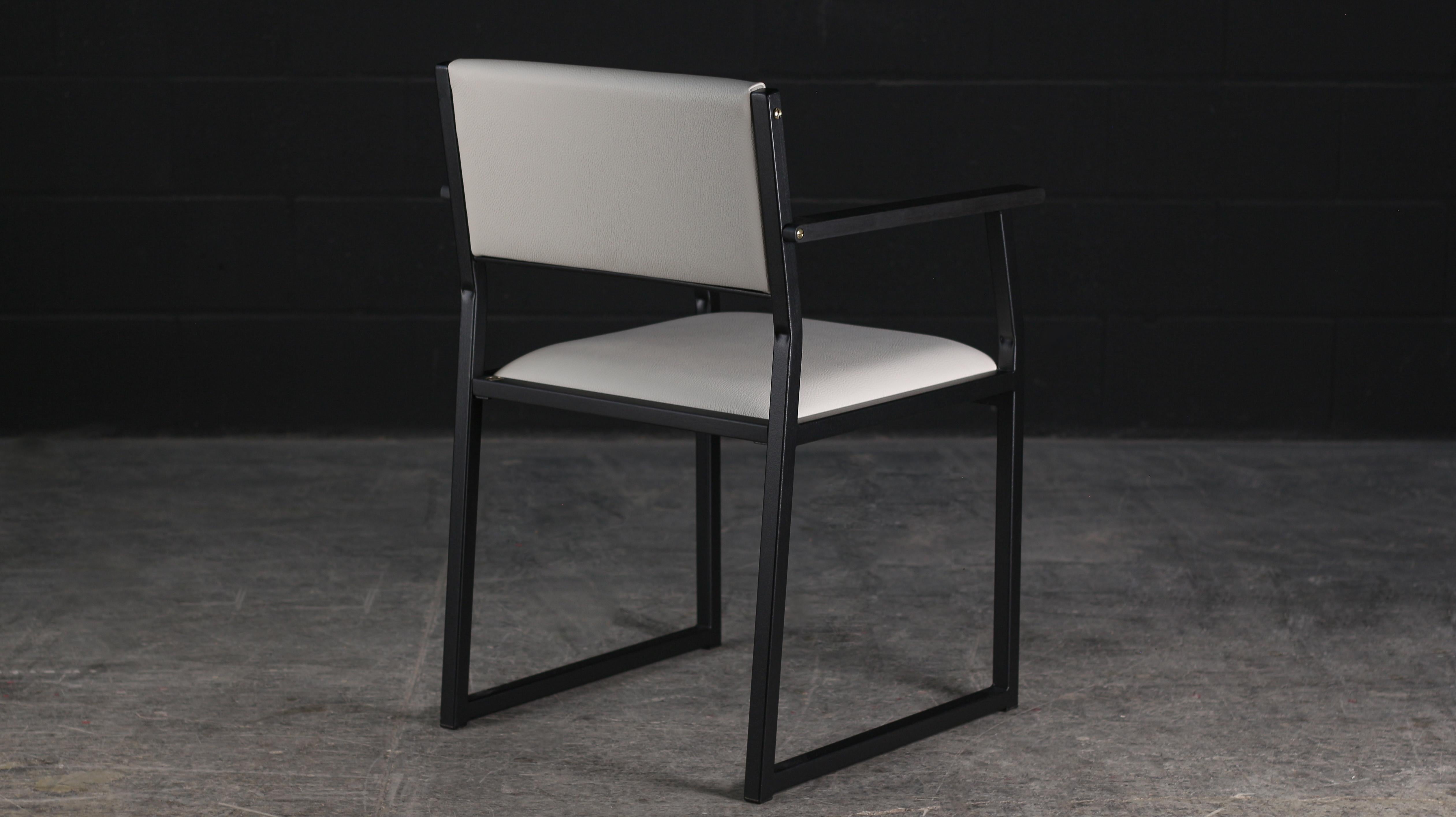 Shaker Armchair, by AMBROZIA, Ebonized Walnut, Black Steel, Greige Leather In New Condition For Sale In Drummondville, Quebec