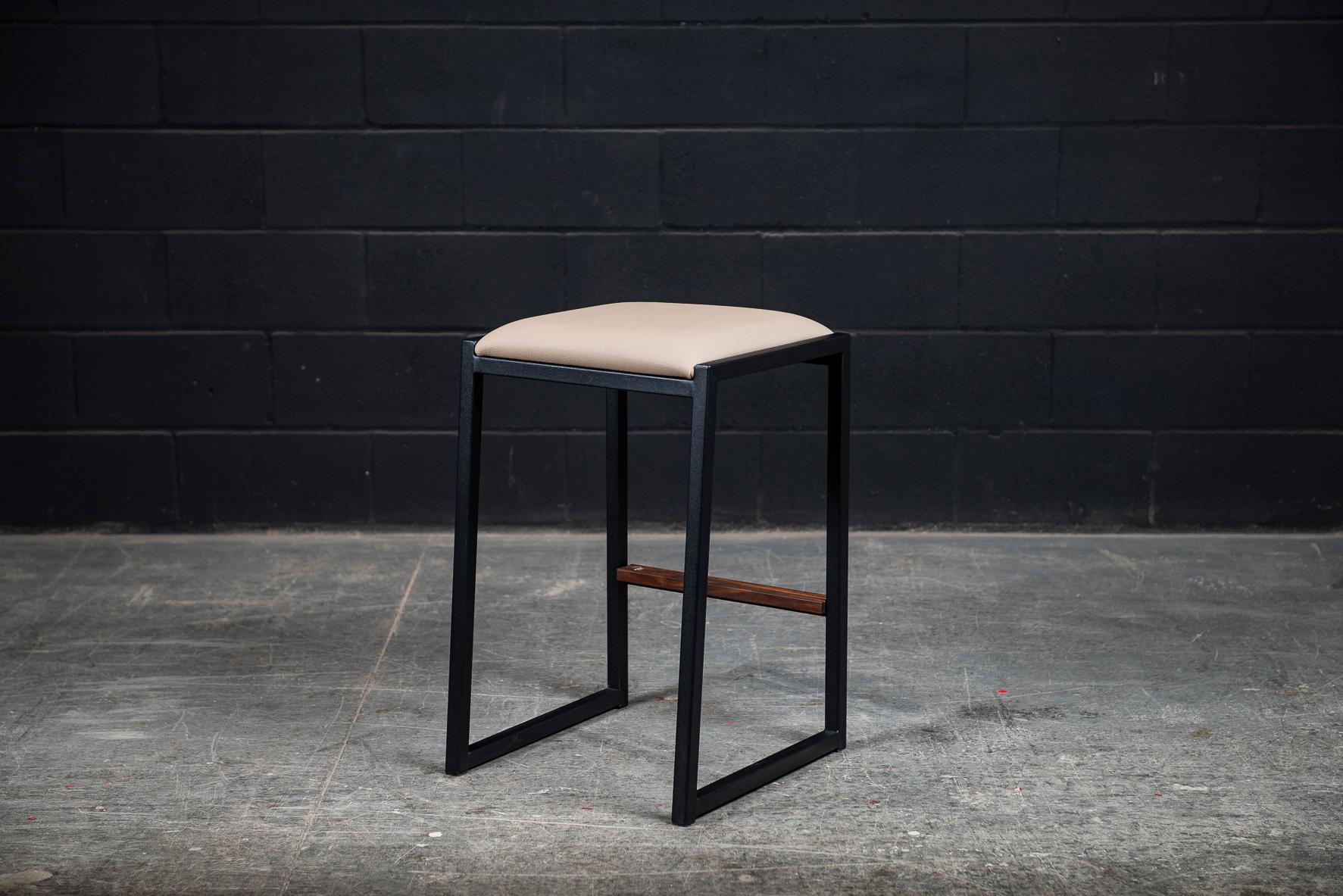 Canadian Shaker Backless Counter Stool by Ambrozia, Walnut, Black Steel, Sandle Vinyl For Sale