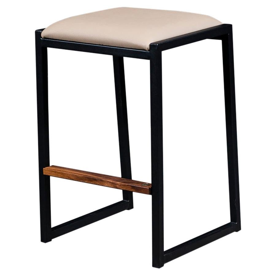 Shaker Backless Counter Stool by Ambrozia, Walnut, Black Steel, Sandle Vinyl For Sale