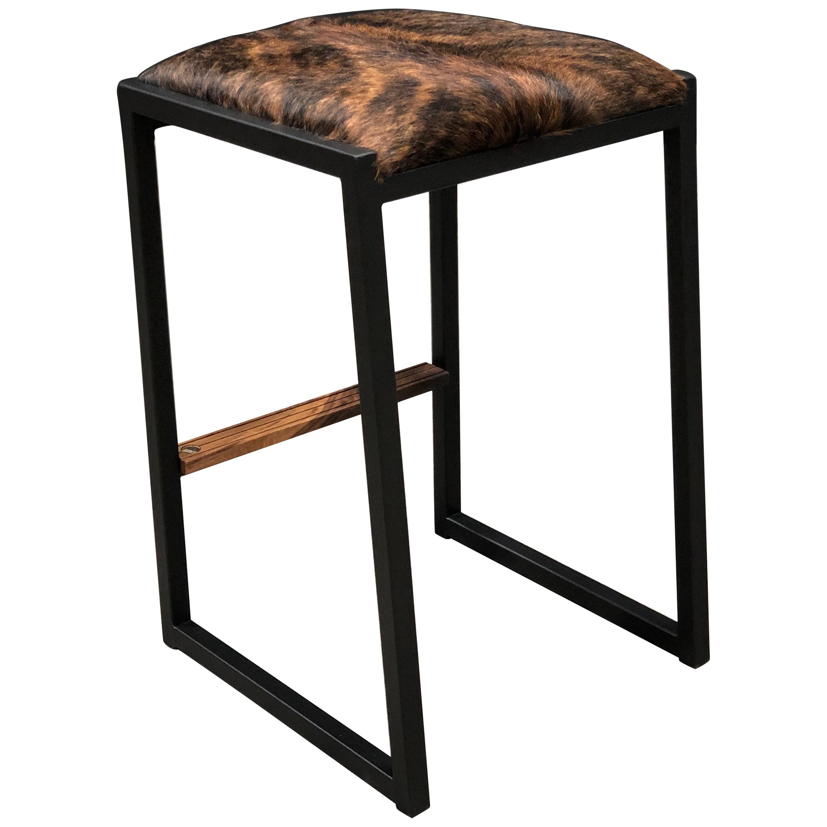 Shaker Backless Counter Stool by Ambrozia, Walnut, Steel, Brown Brindle Cowhide For Sale