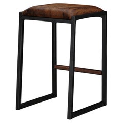 Shaker Backless Stool by AMBROZIA, Brown Brindle Cowhide, Black Steel & Walnut