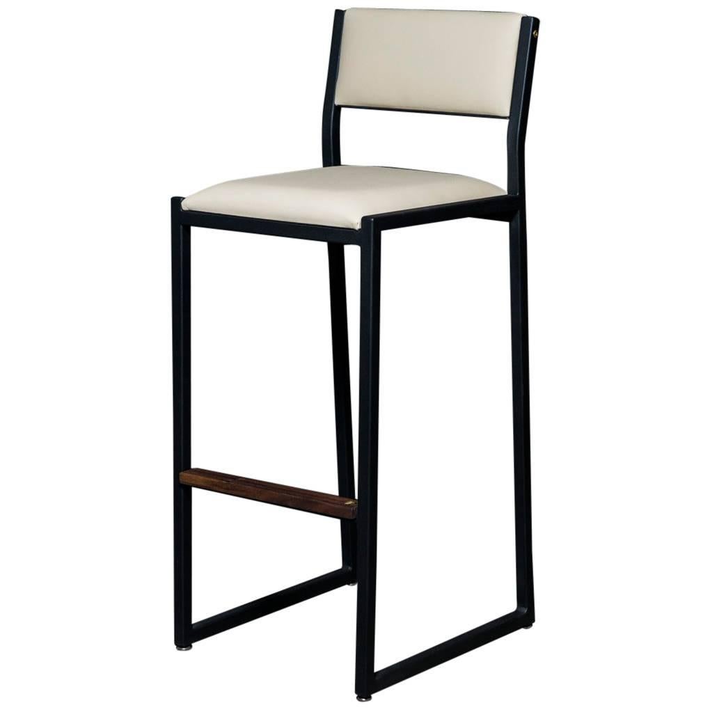 Shaker Bar stool Chair by Ambrozia, Solid Walnut, Black Steel, Cream Vinyl