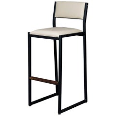 Retro Shaker Bar stool Chair by Ambrozia, Solid Walnut, Black Steel, Cream Vinyl