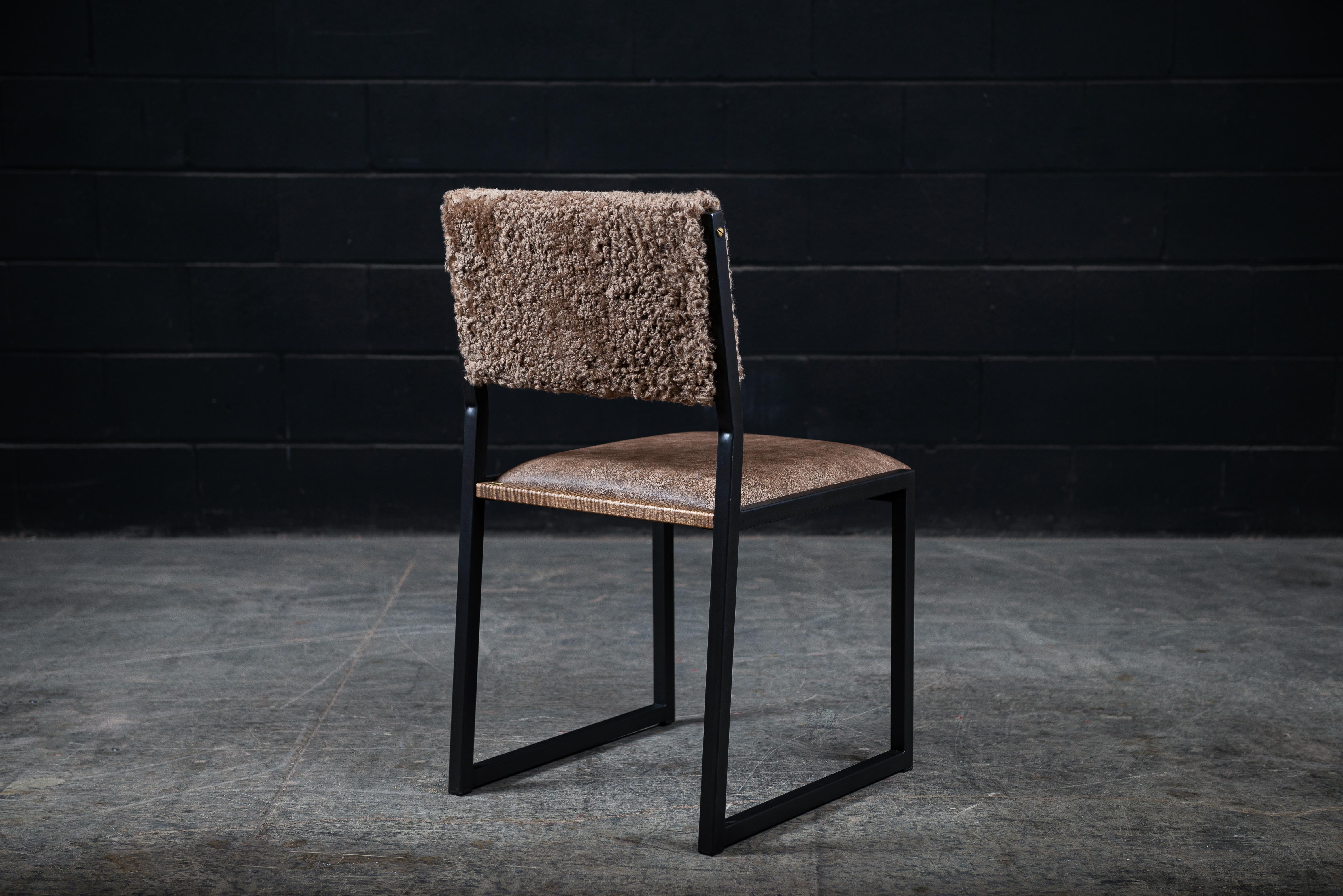 Contemporary Shaker Chair by AMBROZIA, Macchiato Shearling, Oxidized Maple & Blackened Steel For Sale