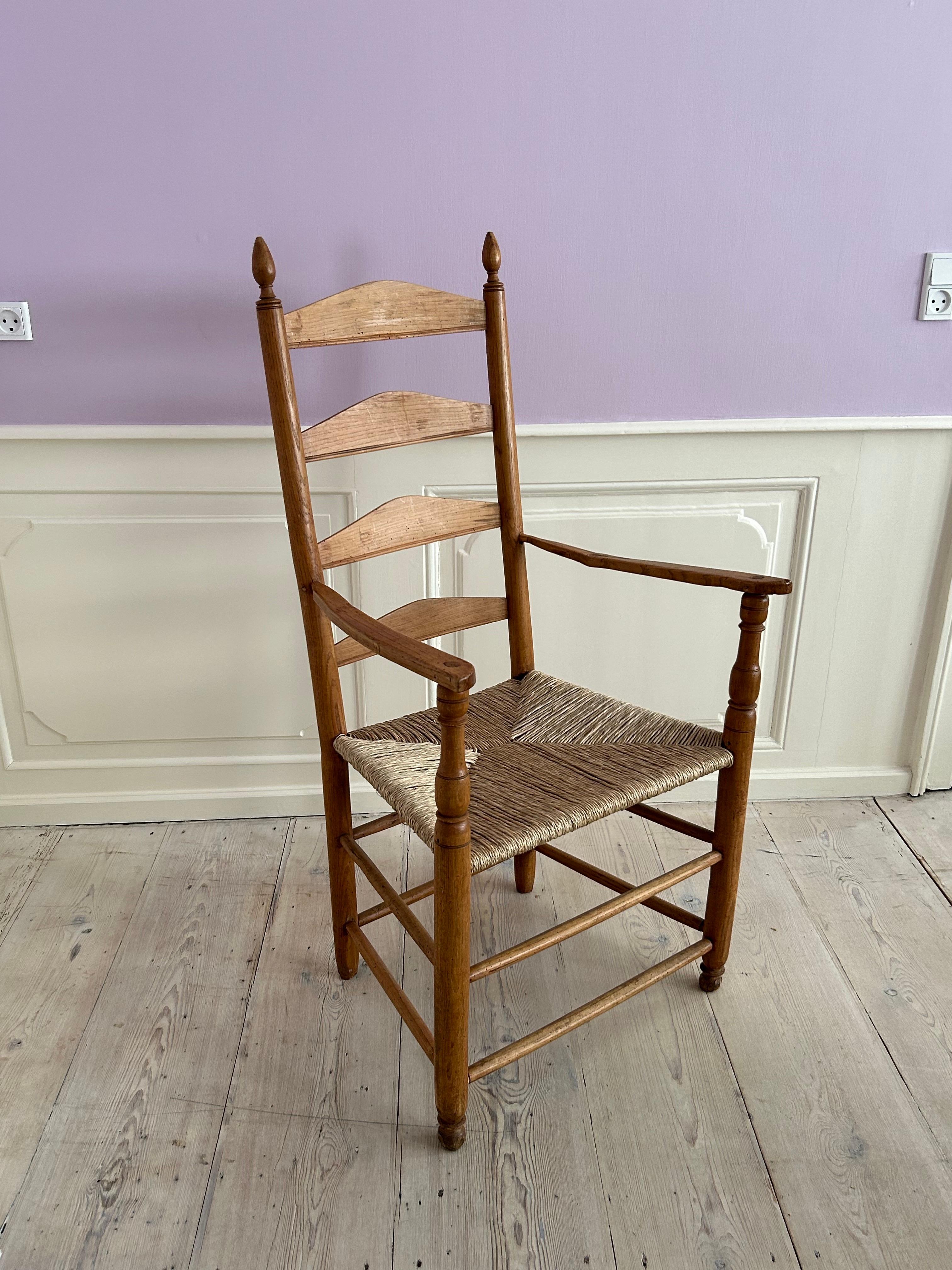 Hand-Carved Shaker Chair in Wood with Rush Seat and Elegant Details, Sweden, 19th Century For Sale