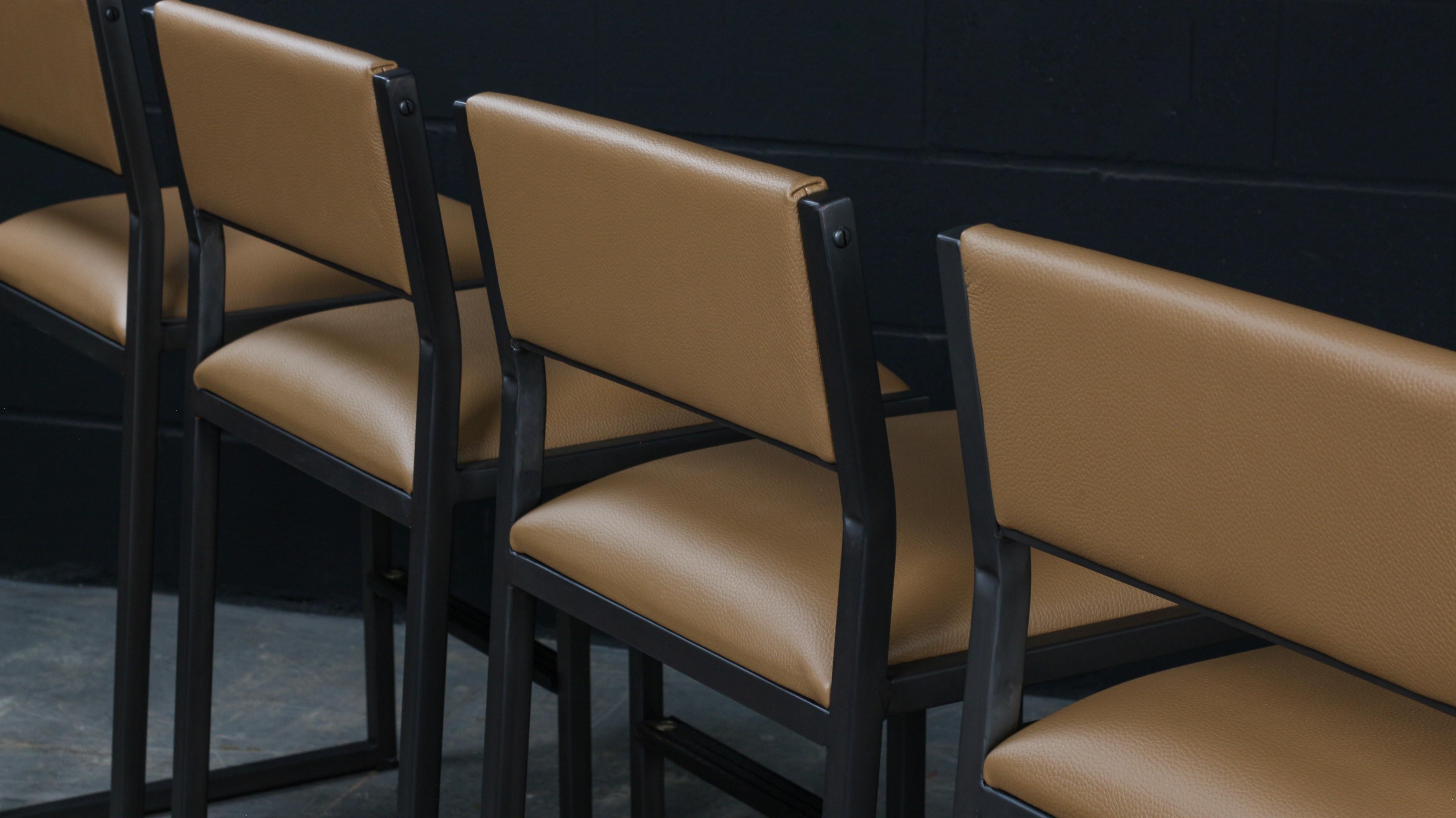 Modern Shaker Counter Stool, by AMBROZIA, Sedona Leather, Blackened Steel, Oxidized Oak For Sale
