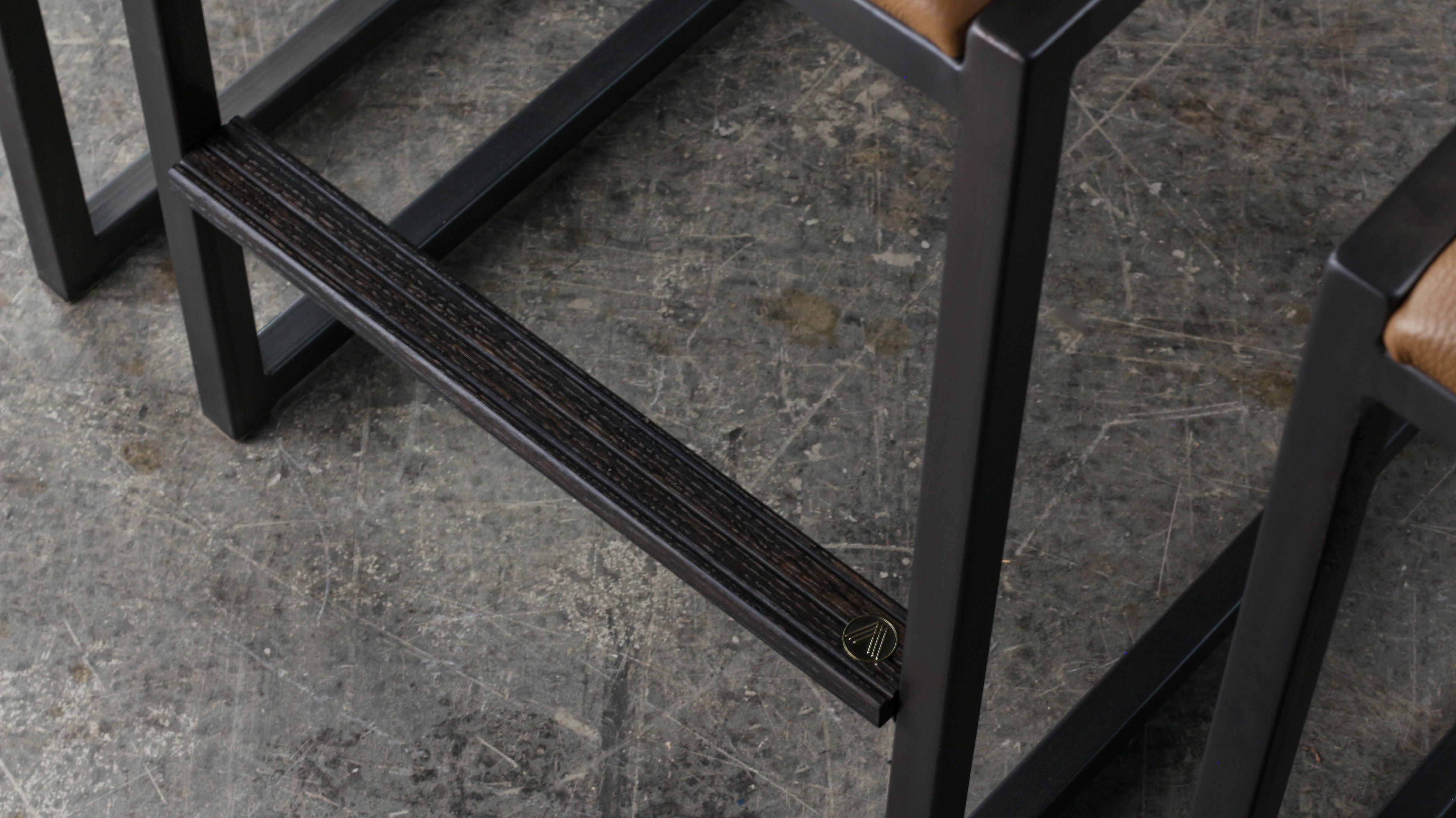 Hand-Crafted Shaker Counter Stool, by AMBROZIA, Sedona Leather, Blackened Steel, Oxidized Oak For Sale