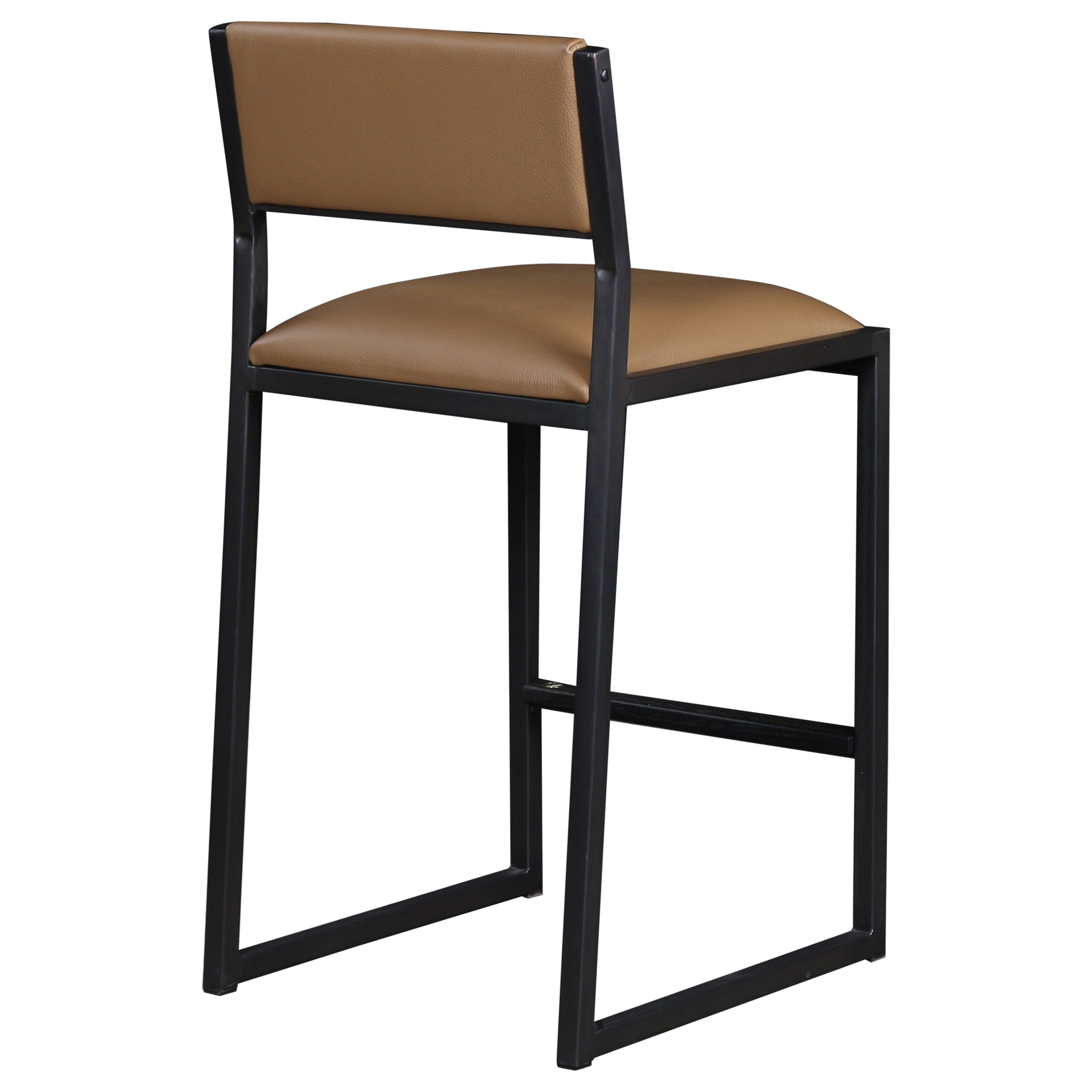 The shaker modern counter stool chair is handmade to order. Featuring our optional Luxurious Dull Champagne metal frame and a Genuine leather seat and back. Also offered in COM or COL. Inspired by the boarding ladder steps of an old boat. The