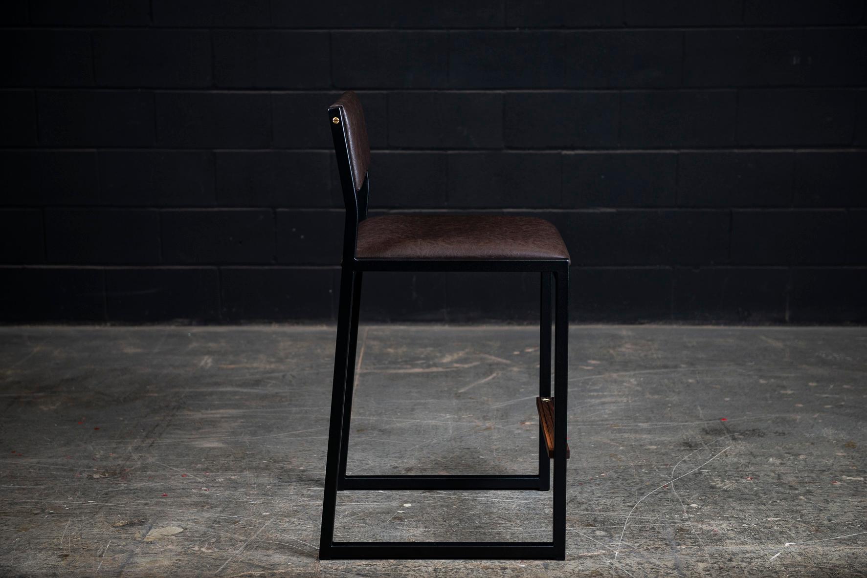 Hand-Crafted Shaker Counter Stool by Ambrozia, Walnut, Aged Volvo Brown Vinyl For Sale