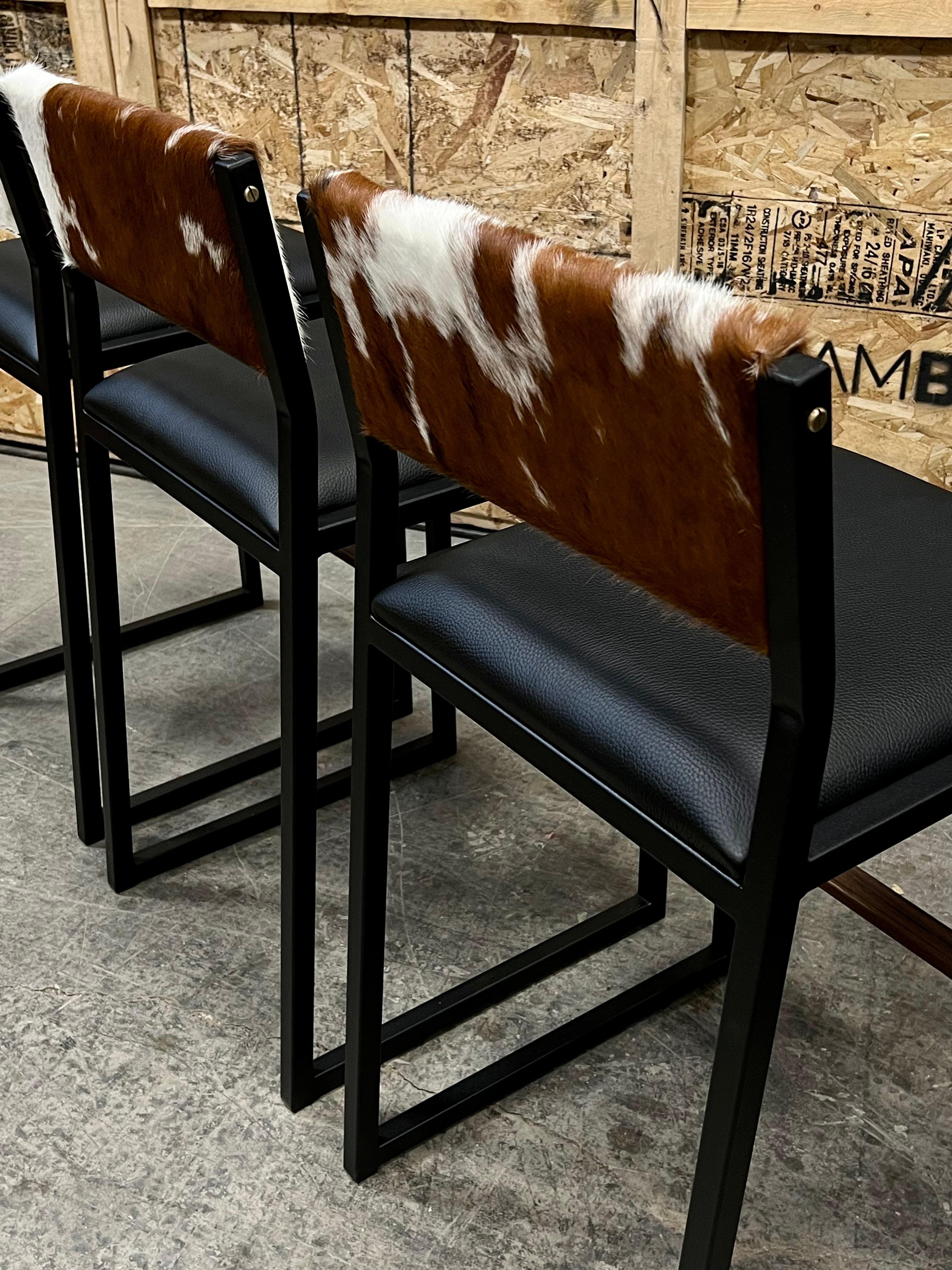Canadian Shaker Counter Stool, by Ambrozia, Walnut, Black Leather, Brown & White Cowhide For Sale