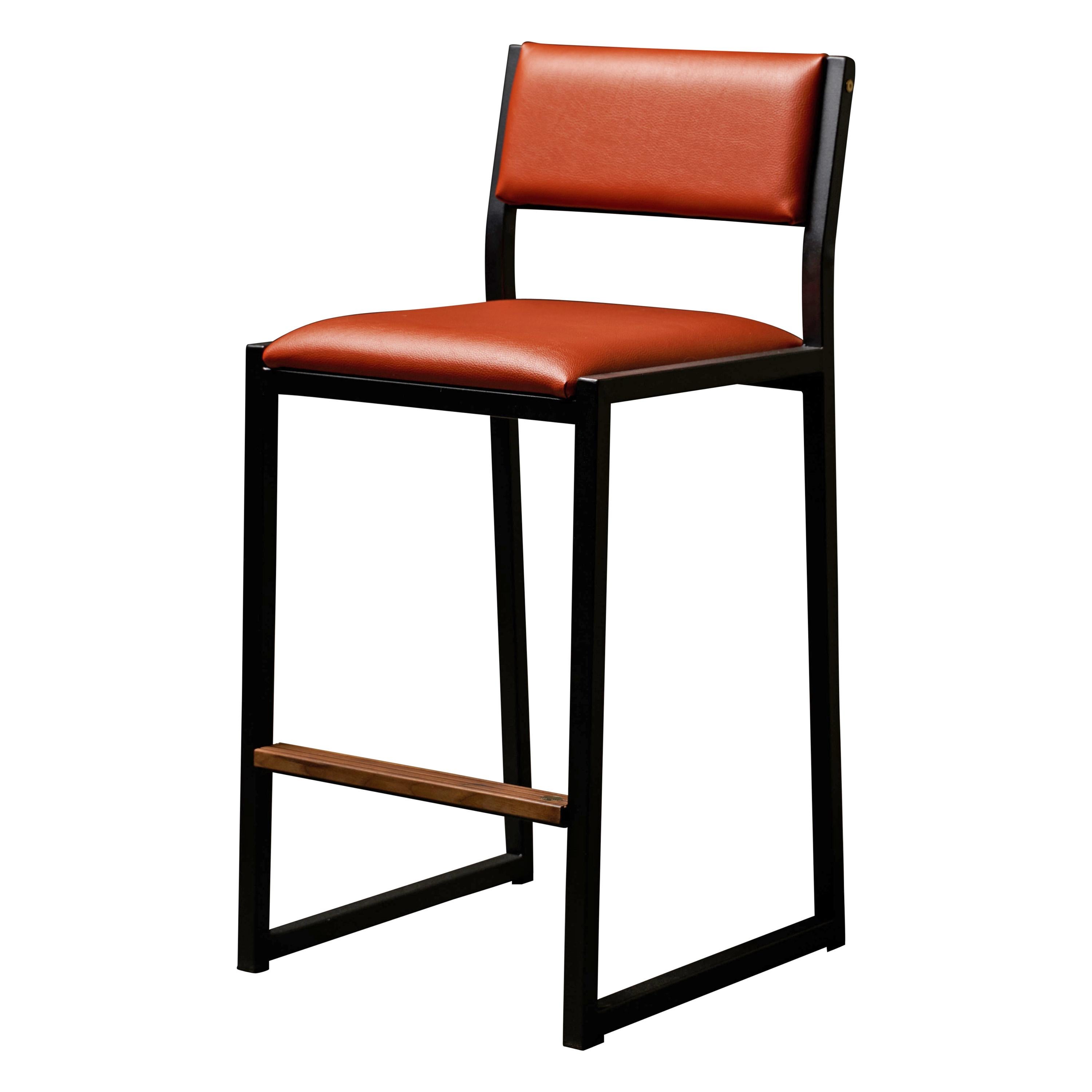 Shaker Counter Stool Chair by Ambrozia, Walnut, Black Steel, Terracota Vinyl For Sale