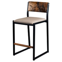 Shaker Counter Stool Chair by Ambrozia, Walnut, Sandle Vinyl & Brindle Cowhide