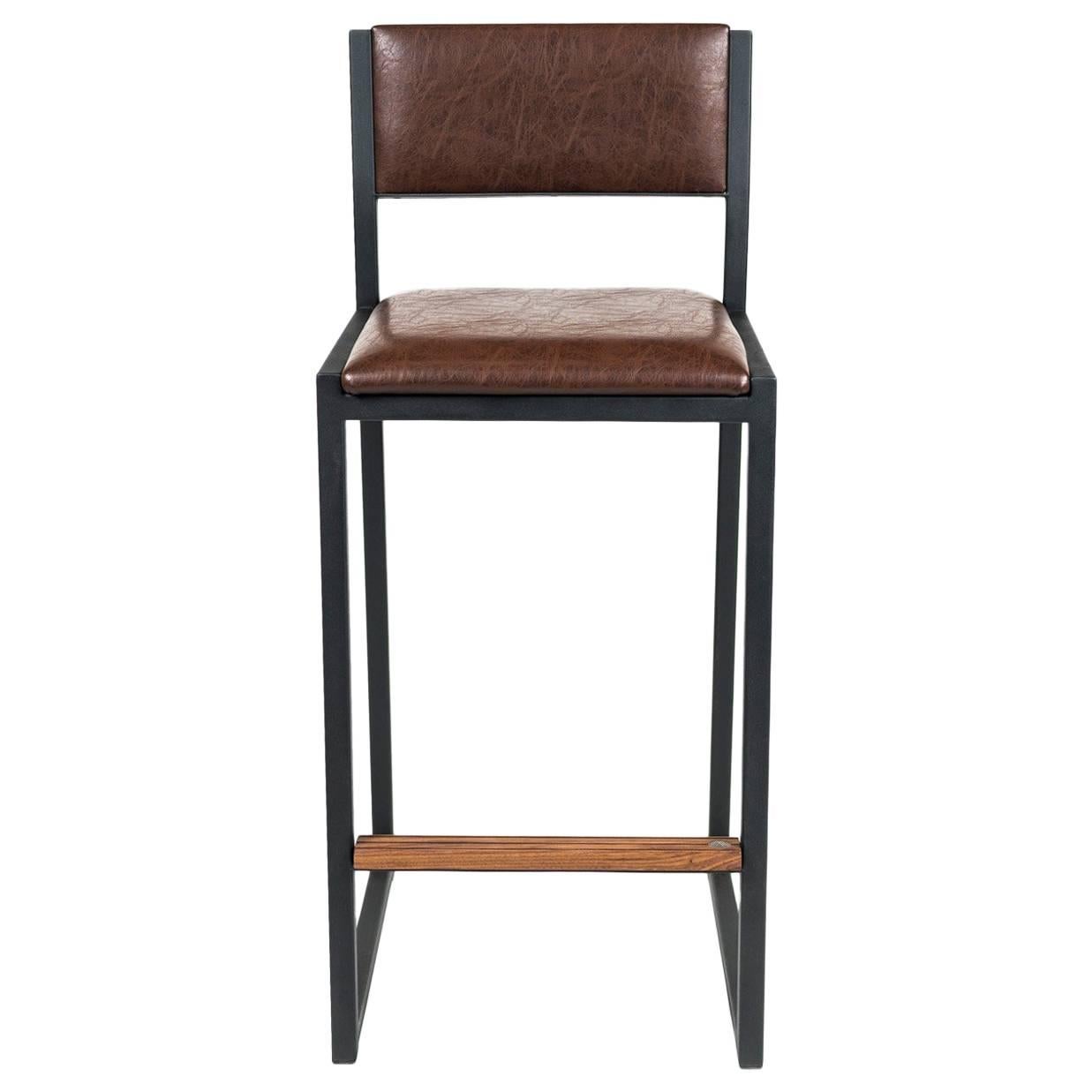 Shaker Counterstool Chair by Ambrozia, Walnut, Black Steel, Aged Brown Vinyl For Sale