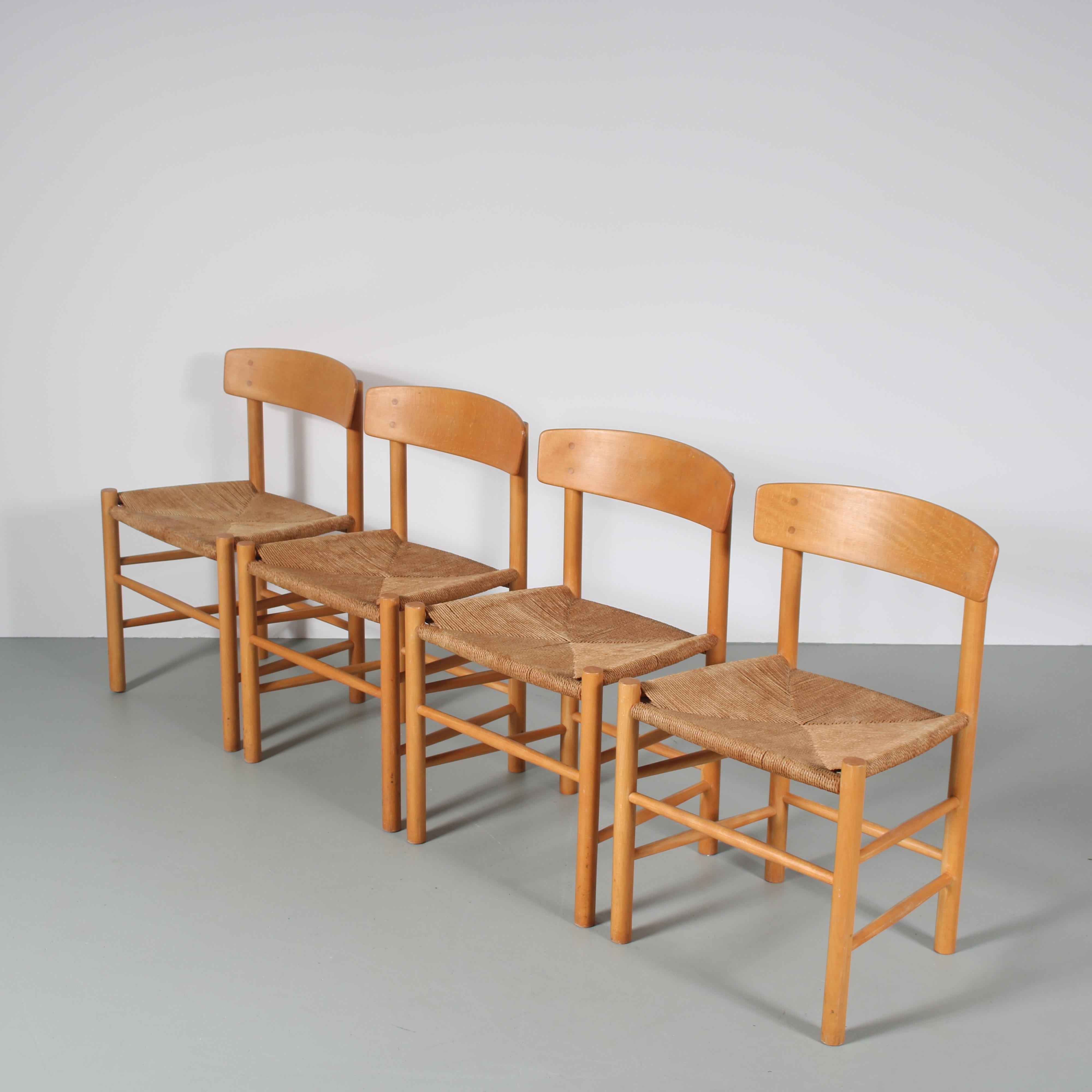 A fantastic set of four “Shaker” dining chairs by Borge Mogensen for FDB Mobler, Denmark 1960.

Made of high quality beech wood with papercord upholstery. These chairs have a fantastic Scandinavian modern style and are highly recognizable pieces