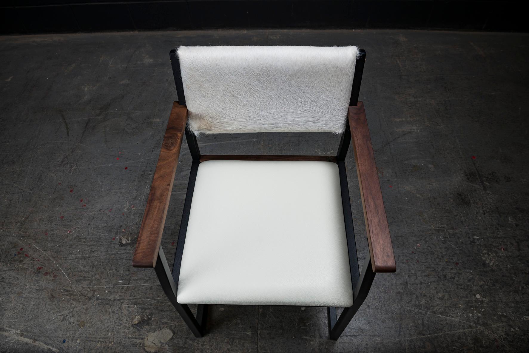 Contemporary Shaker Modern Armchair, by Ambrozia, Walnut, Black Steel, Bone Leather & Cowhide For Sale